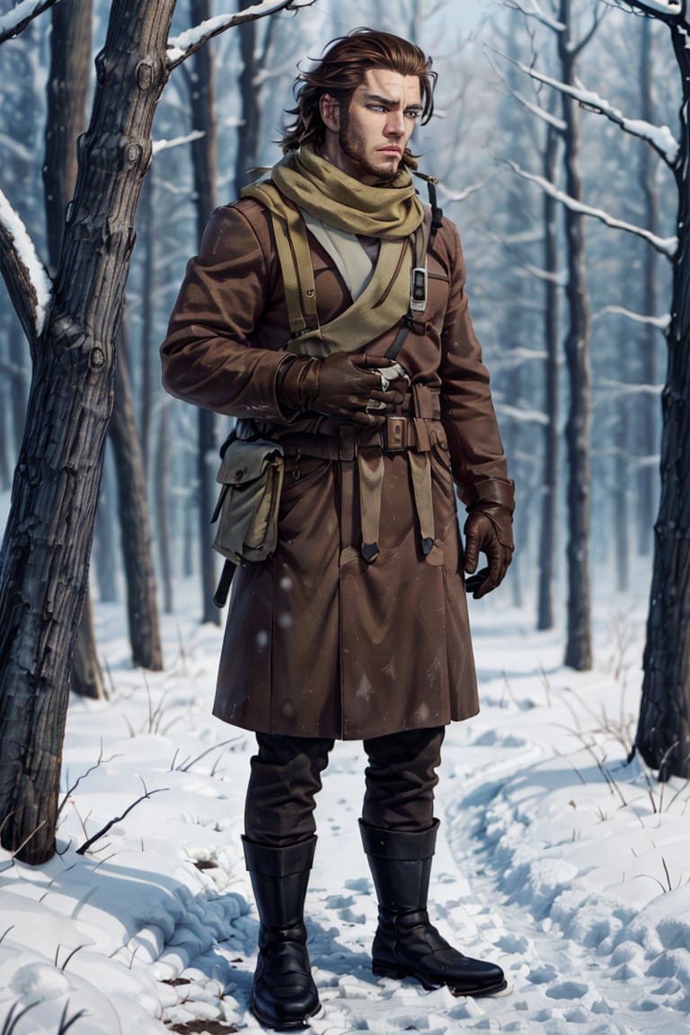 (1 image only), solo male, Vasily Pavlichenko, Golden Kamuy, Russian, sniper, brown hair, blue eyes, sharp eyes, defined eyelashes, furrowed brow, wavy medium-length hair, bold sideburns, short and neat Shenandoah beard, lightly-colored coat, dark gloves, scarf, pants, boots, crossbody bag, handsome, charming, alluring, standing, upper body in frame, perfect anatomy, perfect proportions, 2d, anime, (best quality, masterpiece), (perfect eyes, perfect eye pupil), high_resolution, dutch angle, snowy forest, better_hands