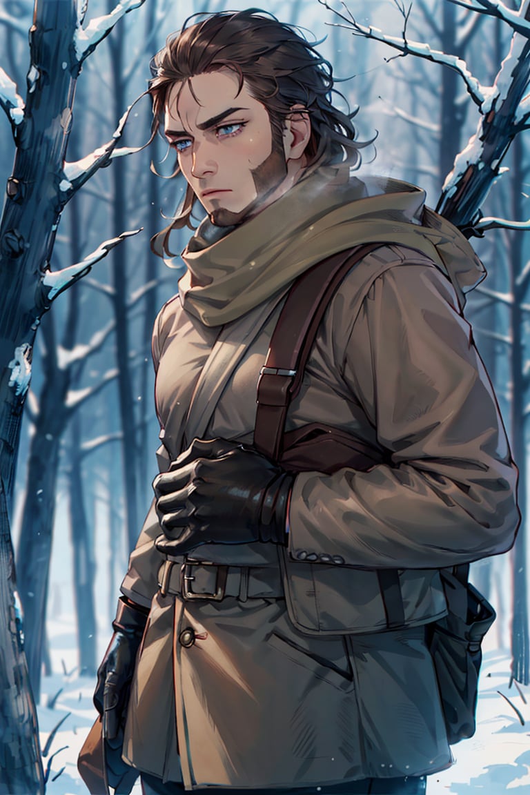 (1 image only), solo male, Vasily Pavlichenko, Golden Kamuy, Russian, sniper, brown hair, blue eyes, sharp eyes, defined eyelashes, furrowed brow, wavy medium-length hair, bold sideburns, short and neat Shenandoah beard, lightly-colored coat, dark gloves, scarf, pants, boots, crossbody bag, handsome, charming, alluring, standing, upper body in frame, perfect anatomy, perfect proportions, 2d, anime, (best quality, masterpiece), (perfect eyes, perfect eye pupil), high_resolution, dutch angle, snowy forest, better_hands