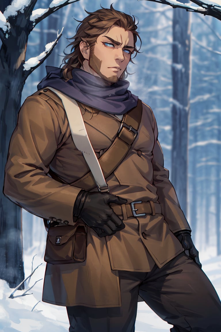 (1 image only), solo male, Vasily Pavlichenko, Golden Kamuy, Russian, sniper, brown hair, blue eyes, sharp eyes, defined eyelashes, furrowed brow, wavy medium-length hair, bold sideburns, short and neat Shenandoah beard, lightly-colored coat, dark gloves, scarf, pants, boots, crossbody bag, handsome, charming, alluring, standing, upper body in frame, perfect anatomy, perfect proportions, 2d, anime, (best quality, masterpiece), (perfect eyes, perfect eye pupil), high_resolution, dutch angle, snowy forest, better_hands