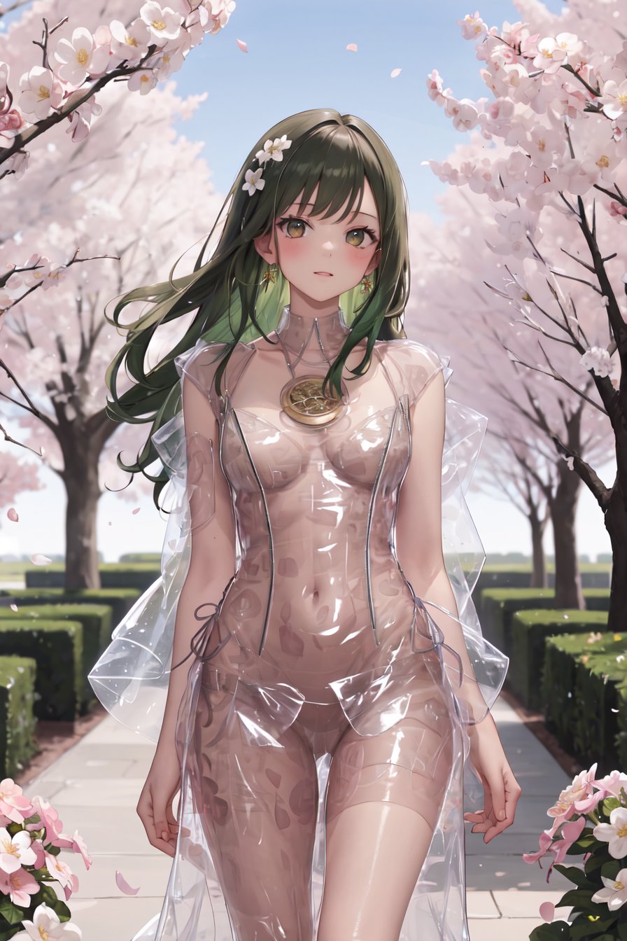 masterpiece,best quality,highres,ultra-detailed,solo,cowboy shot,1girl,medium_breasts,long hair,green hair,standing,outdoors,garden,cherry blossom,trees,see-through dress,