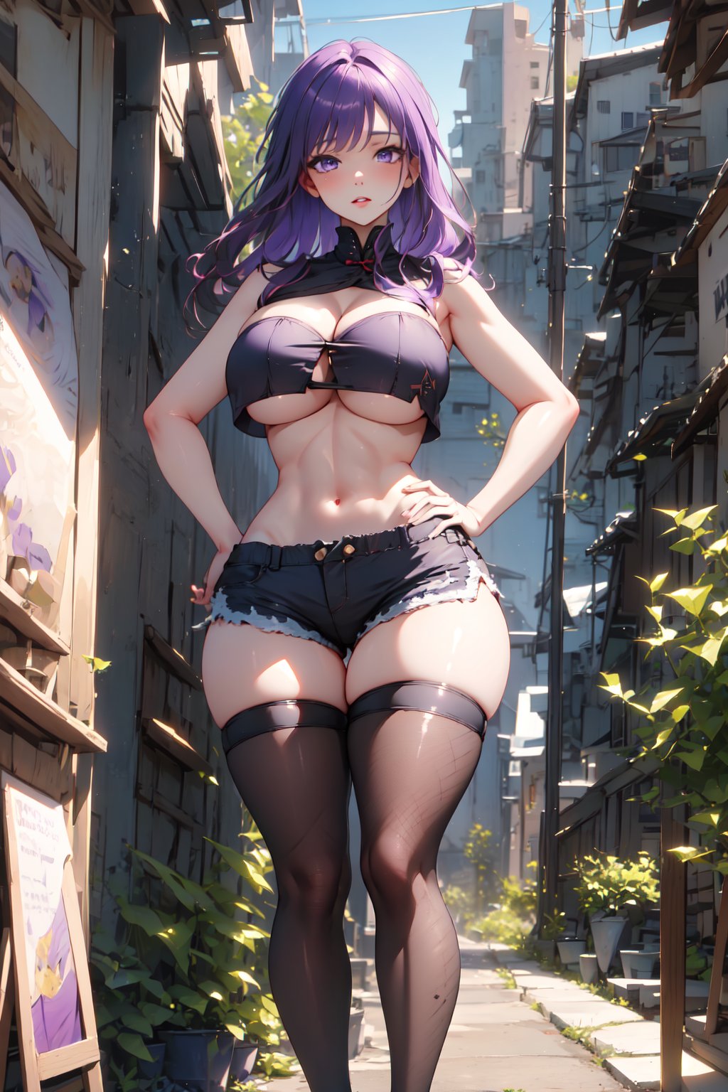 best qualiry, ultra-detailed, 1girl, perfect_figure, perfect_body, detailed_face, long_hair, boobs, wide_hips, sexy, pretty_butt, round_buttoks, big_butt, curvy_figure, hourglass_figure, thick_thighs, perfect_hands, perfect_legs, pussy_lips, purple_eyes, purple_hair, portrait, illustration, magic_eyes, sexy shirt, standing, legs_apart, focus_face , slim_waist, shorts, hands on the hips,strapless,raiden_shogun, hot_pants, fishnet_pantyhose, fishnet stockings, underboob, cleavage cutout