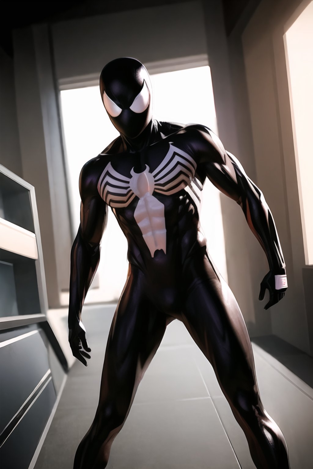 blackspidy, black bodysuit, superhero, mask, 1boy, solo, male focus, 