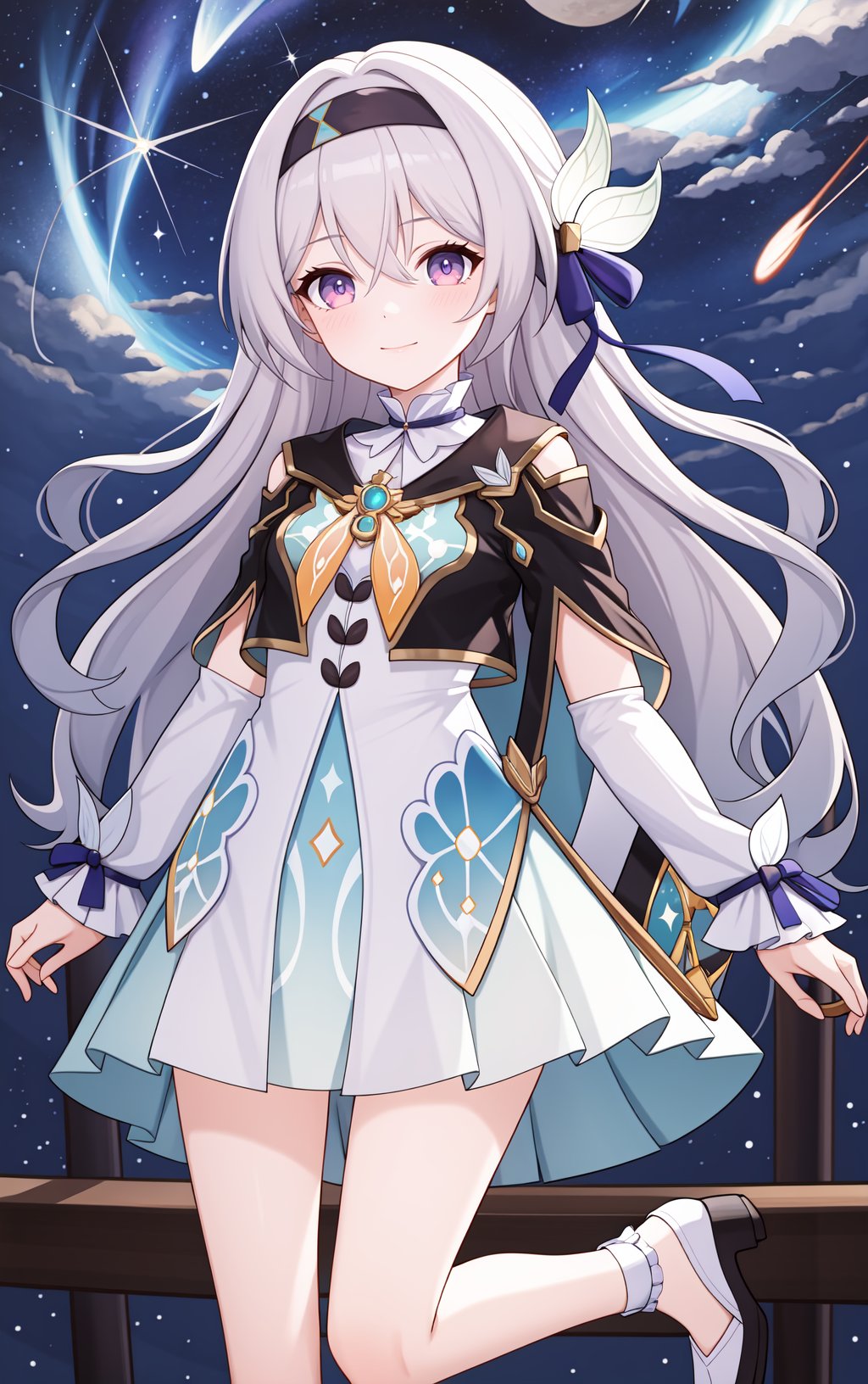 1girl,a girl named liuying,liuying,long sleeves,long hair,high quality,black hairband,(purple eyes:0.6),light smile,grey hair,bare legs,<lora:流萤21-000011:0.9:lbw=char>,milky way,moon,night,night sky,outdoors,planet,purple eyes,shooting star,sky,smile,solo,space,sparkle,star \(sky\),star \(symbol\),starry background,starry sky,starry sky print,, (masterpiece,best quality:1.2),absurdres, high quality,