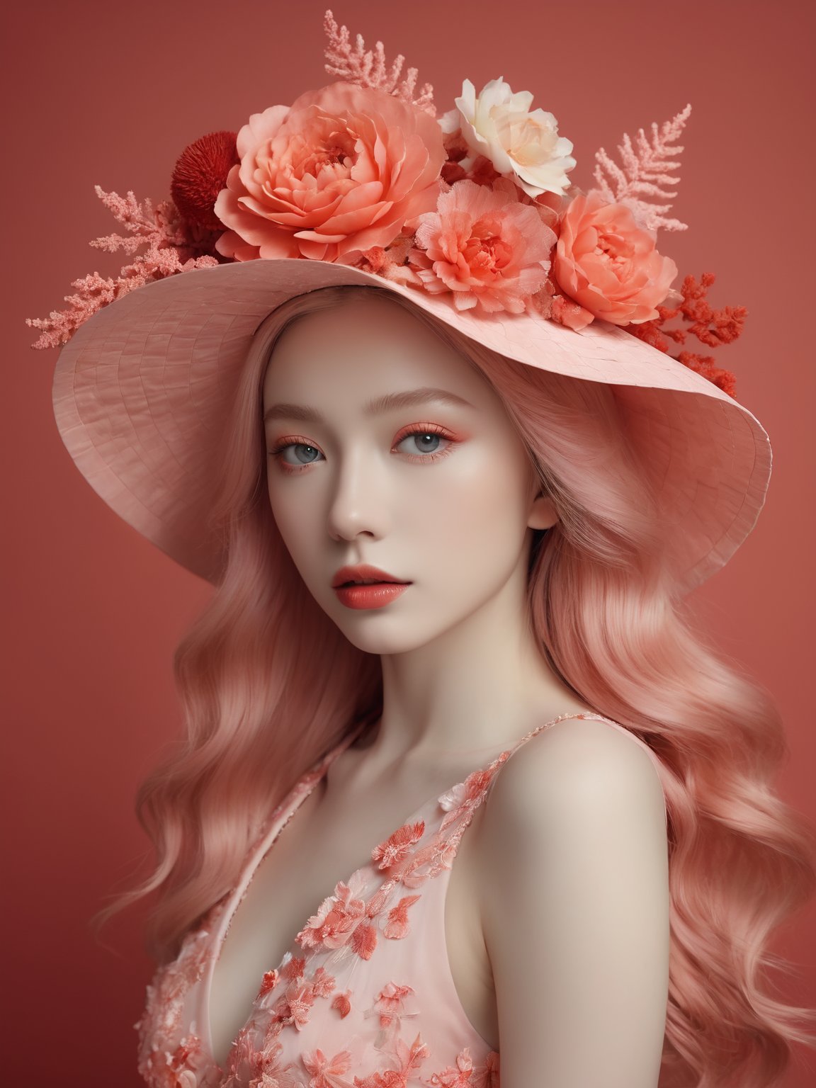a commercial photo portrait of instagram model,the Ethereal Portraits,fashionable 2020's Japanese girl,detailed skin texture,16yo girl,hyper real photo,Albinism and Heterochromia by Bella Kotak,girly portrait in studio shoots,Albina Albina,Feminine portrait,bust-up shot,intricate fantasy dress,taken by professional studio lighting,150mm lens,PhaseOne,digital backs,medium format,150mm portrait,photography,photo taken with a Hasselblad H4D,taken with PhaseOne IQ180,IQ160,IQ140,P65+,P45+,"digital back",extremely detailed,Leaf Aptus,perfect skin,detailed skin,hyper reality,perfect face,(coral red:1.6) hair,(coral red:1.6) background,dress head completely covered with (coral red:1.6) flowers,(coral red:1.6) color filter,