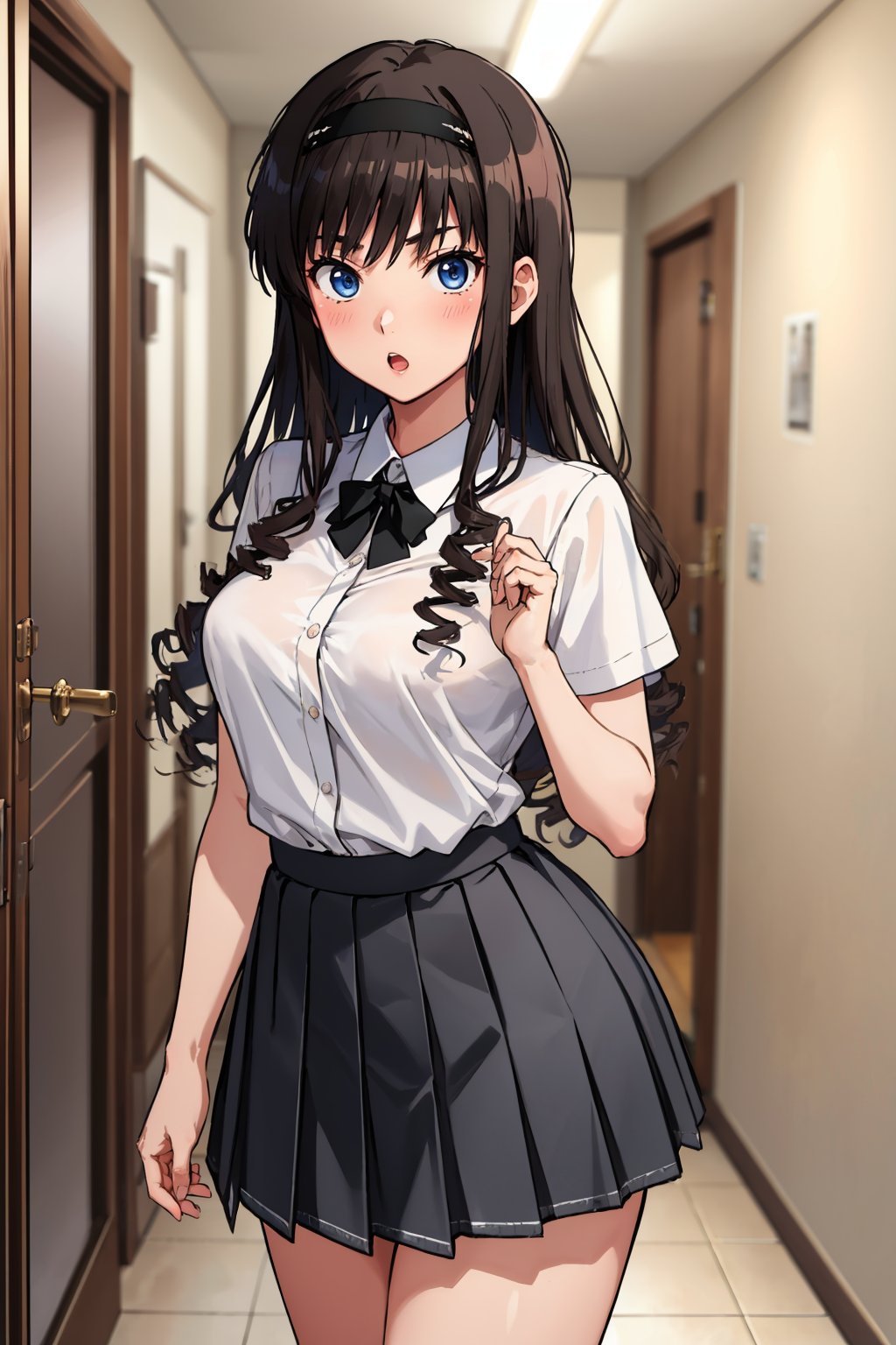 masterpiece, best quality,  <lora:morishimaharuka-nvwls-v1-000009:1> morishima haruka, hairband, white shirt, collared shirt, black bowtie, pleated skirt, short sleeves, cowboy shot, hallway, looking at viewer, surprised