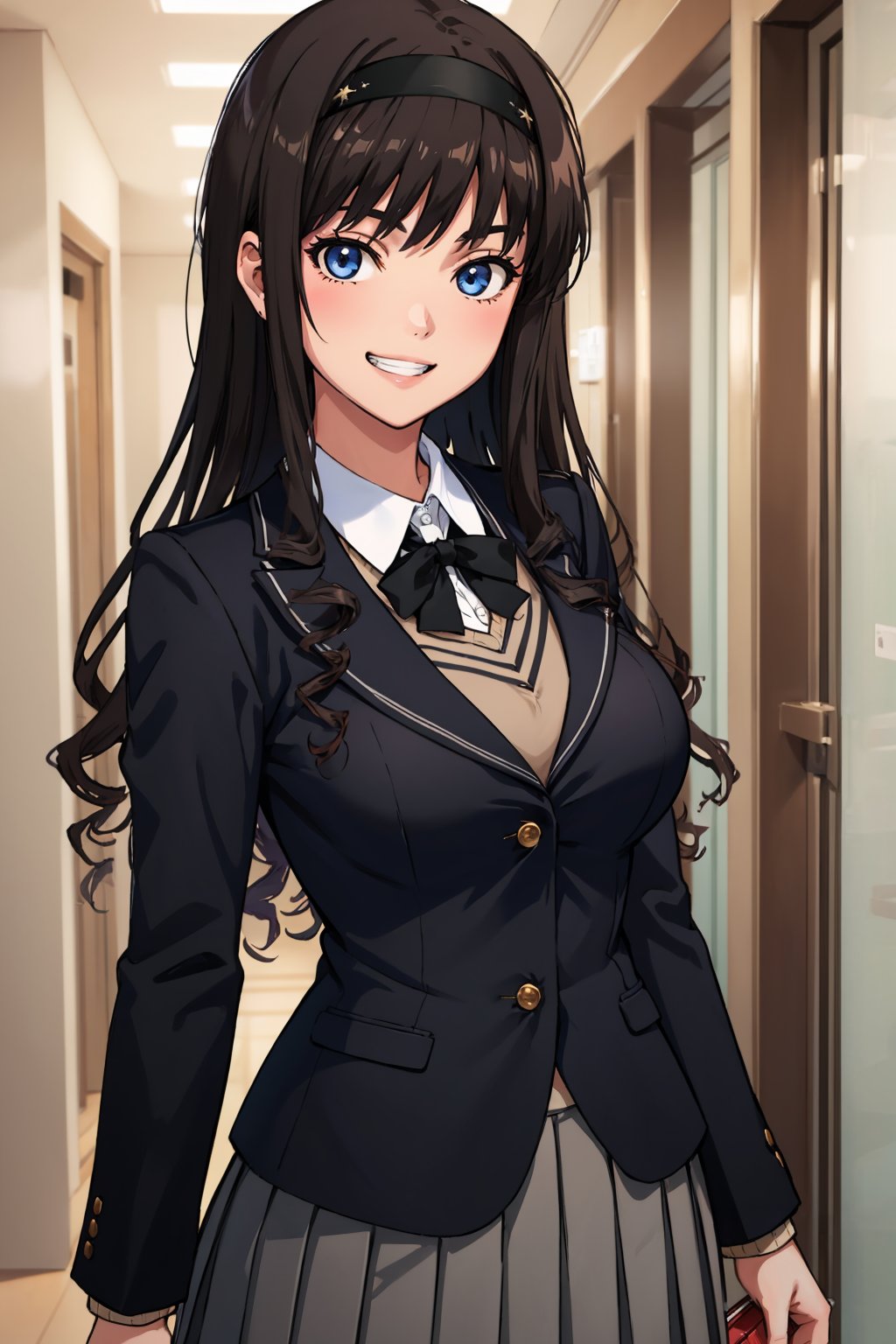 masterpiece, best quality,  <lora:morishimaharuka-nvwls-v1-000009:0.9> morishima haruka, hairband, black blazer, black bowtie, long sleeves, pleated skirt, smile, large breasts, hallway, grin, looking at viewer, upper body