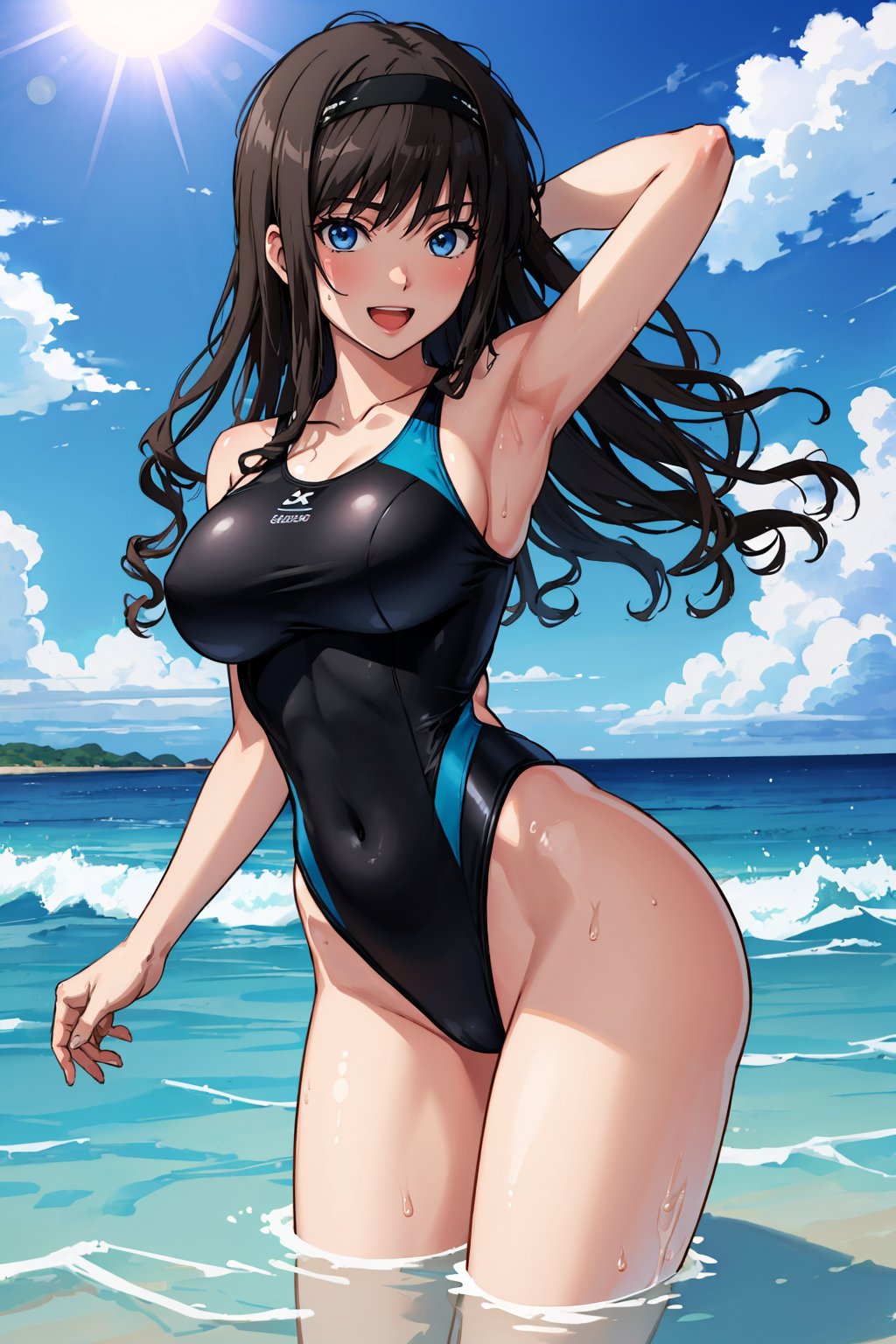 masterpiece, best quality,  <lora:morishimaharuka-nvwls-v1-000009:1> morishima haruka, hairband, black one-piece swimsuit, large breasts, looking at viewer, partially submerged, beach, ocean, sun, blue sky, :D