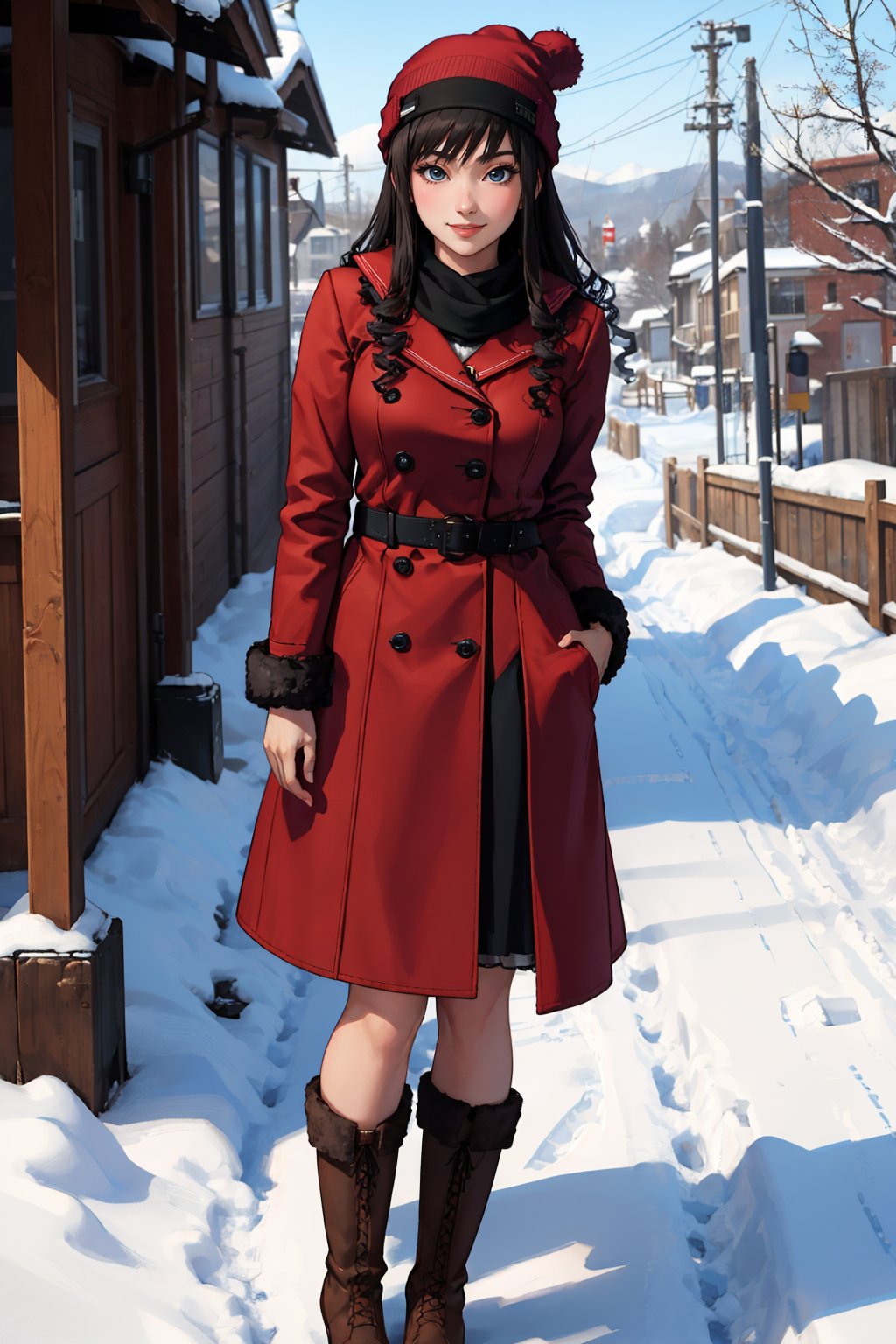 masterpiece, best quality,  <lora:morishimaharuka-nvwls-v1-000009:1> morishima haruka, hairband, red coat, fur trim, black scarf, boots, looking at viewer, smile, beanie, snow, winter