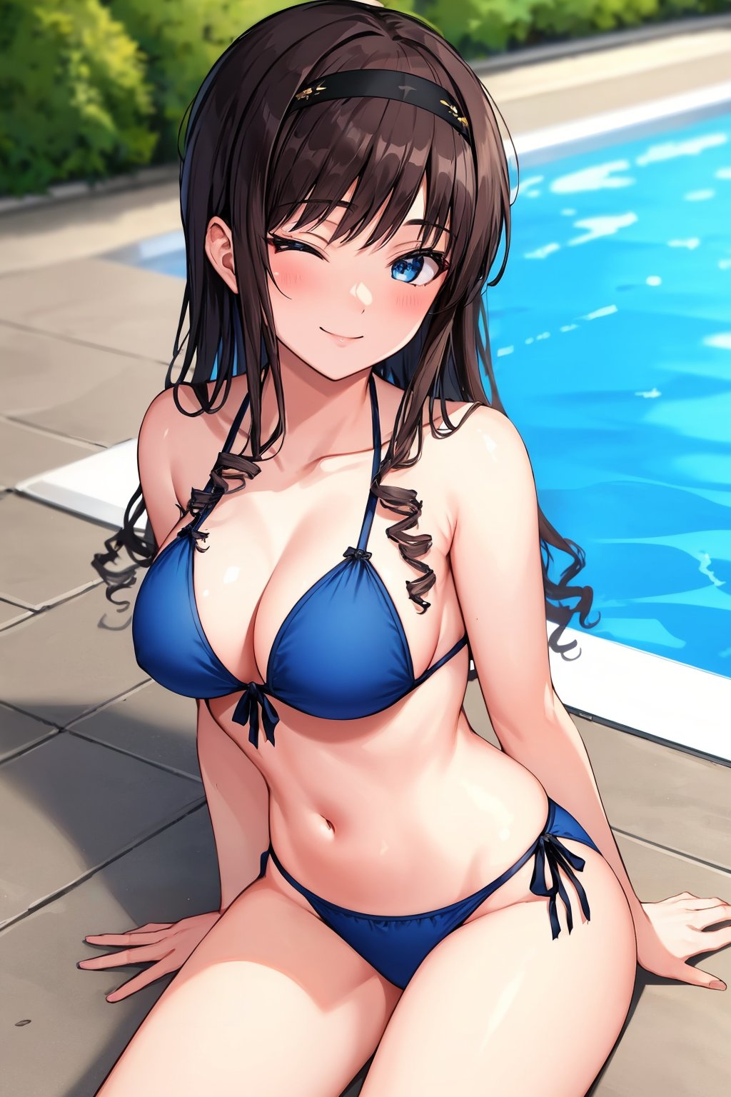 masterpiece, best quality,  <lora:morishimaharuka-nvwls-v1-000009:1> morishima haruka, hairband, blue bikini, sitting, wink, smile, swimming pool