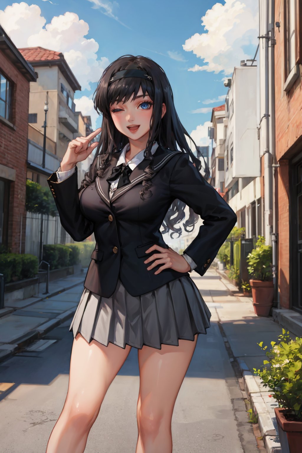 masterpiece, best quality,  <lora:morishimaharuka-nvwls-v1-000009:0.9> morishima haruka, hairband, black sailor collar, black blazer, black bowtie, long sleeves, pleated skirt, smile, large breasts, wink, :D, pointing, hand up, blue sky, cityscape, clouds, one eye open, hand on hip