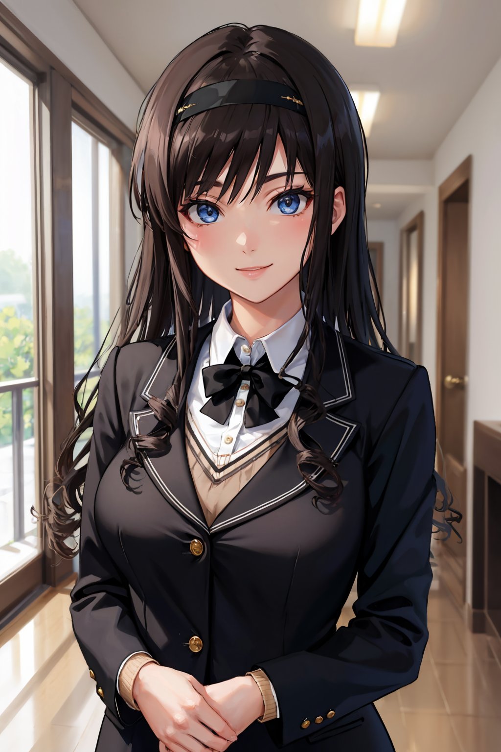 masterpiece, best quality,  <lora:morishimaharuka-nvwls-v1-000009:0.9> morishima haruka, hairband, black blazer, black jacket, black bowtie, long sleeves, smile, large breasts, hallway, smile, looking at viewer, upper body