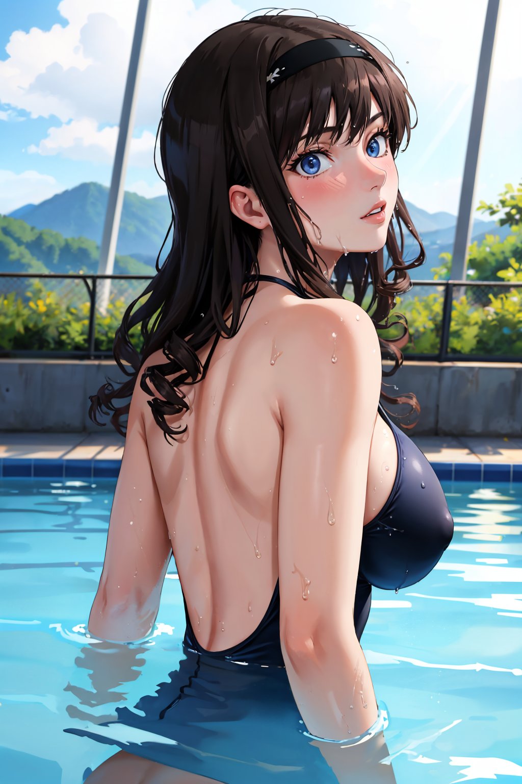 masterpiece, best quality,  <lora:morishimaharuka-nvwls-v1-000009:1> morishima haruka, hairband, black one-piece swimsuit, large breasts, wet hair, arched back, partially submerged, from side, swimming pool, upper body, 