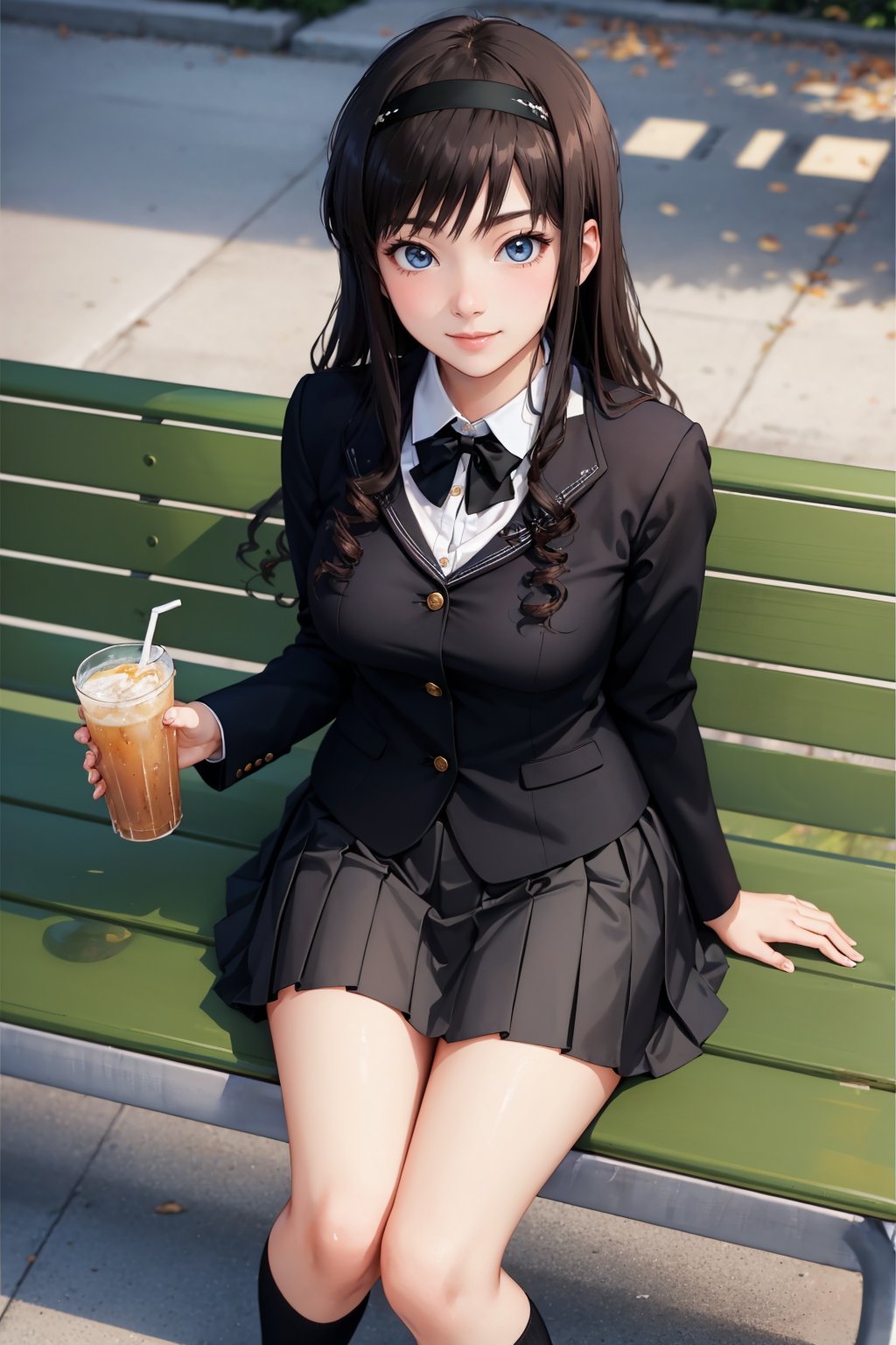 masterpiece, best quality,  <lora:morishimaharuka-nvwls-v1-000009:0.9> morishima haruka, hairband, black blazer, black jacket, black bowtie, long sleeves, pleated skirt, large breasts, socks, loafers, sitting, park, bench, holding beverage, smile, looking at viewer, from above