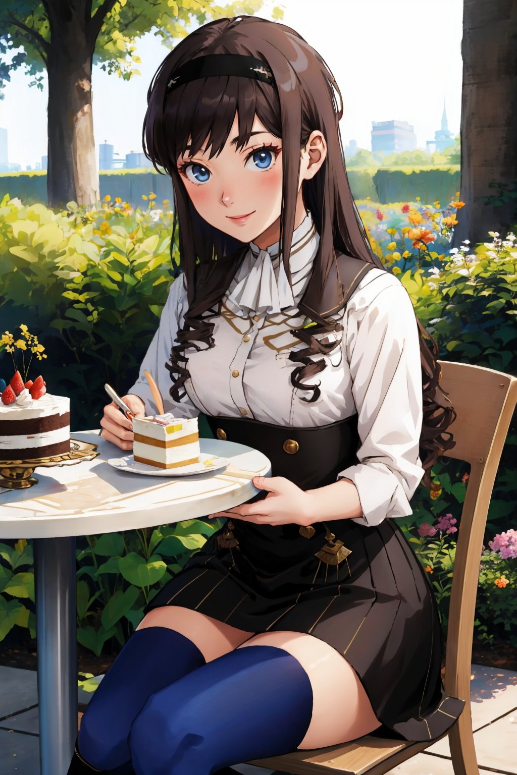 masterpiece, best quality,  <lora:morishimaharuka-nvwls-v1-000009:1> morishima haruka, hairband,  <lora:gmuniform2-nvwls-v1:1> gmuniform, blue thighhighs, garden, sitting, table, chair, cake, smile