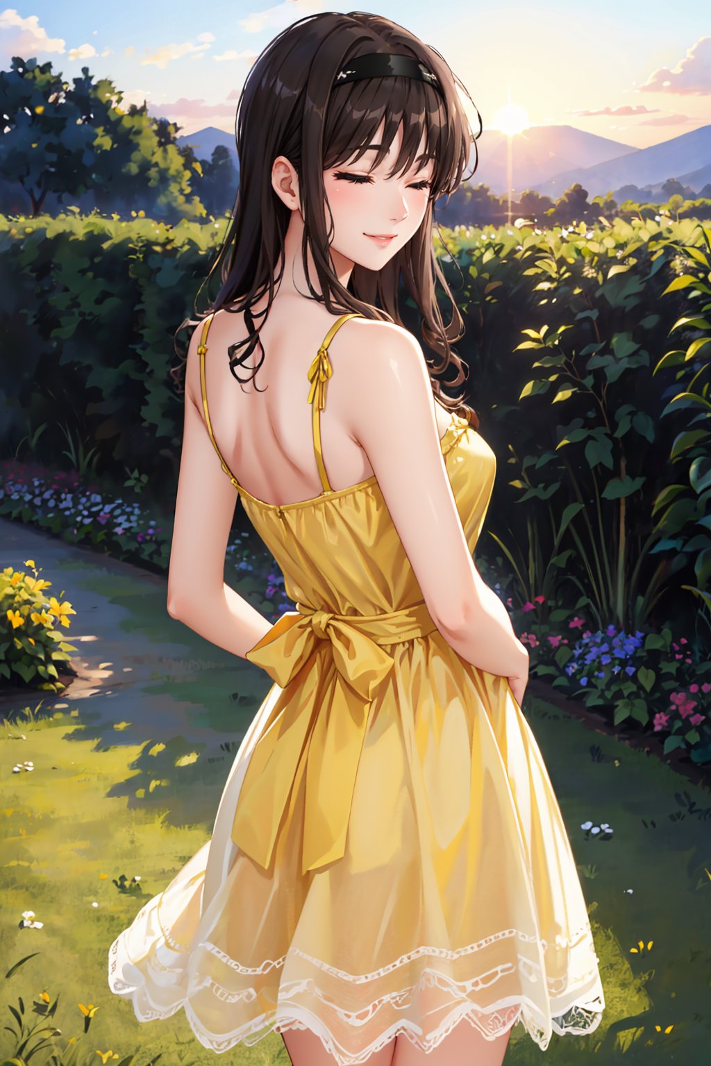 masterpiece, best quality,  <lora:morishimaharuka-nvwls-v1-000009:1> morishima haruka, hairband, yellow sundress, from behind, garden, sunset, smile, closed eyes, happy  <lora:edgChamYellowSundress:1> edgYSD,woman wearing a yellow sundress