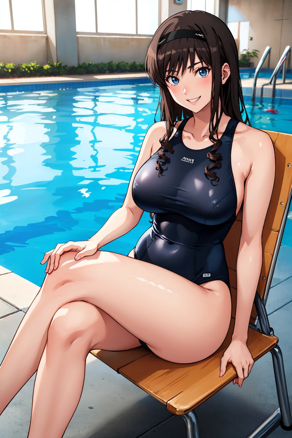 masterpiece, best quality,  <lora:morishimaharuka-nvwls-v1-000009:1> morishima haruka, hairband, black one-piece swimsuit, large breasts, swimming pool, sitting, looking at viewer, grin, chair