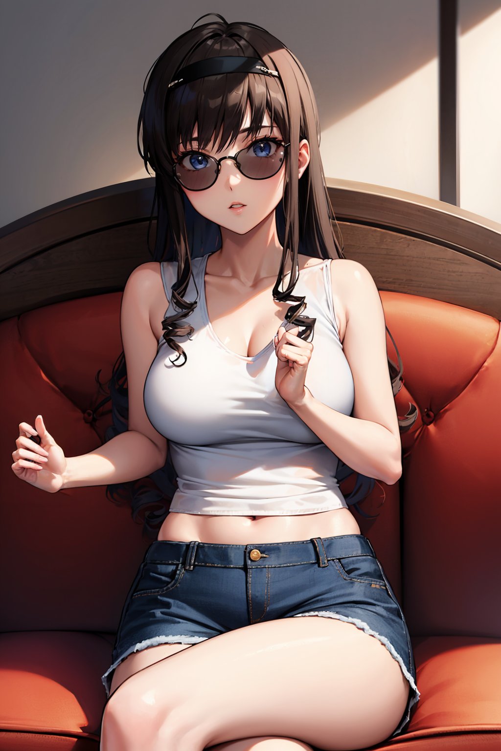 masterpiece, best quality,  <lora:morishimaharuka-nvwls-v1-000009:1> morishima haruka, hairband, white tank top, short shorts, sitting, couch, crossed legs, looking at viewer, sunglasses, wearing sunglasses