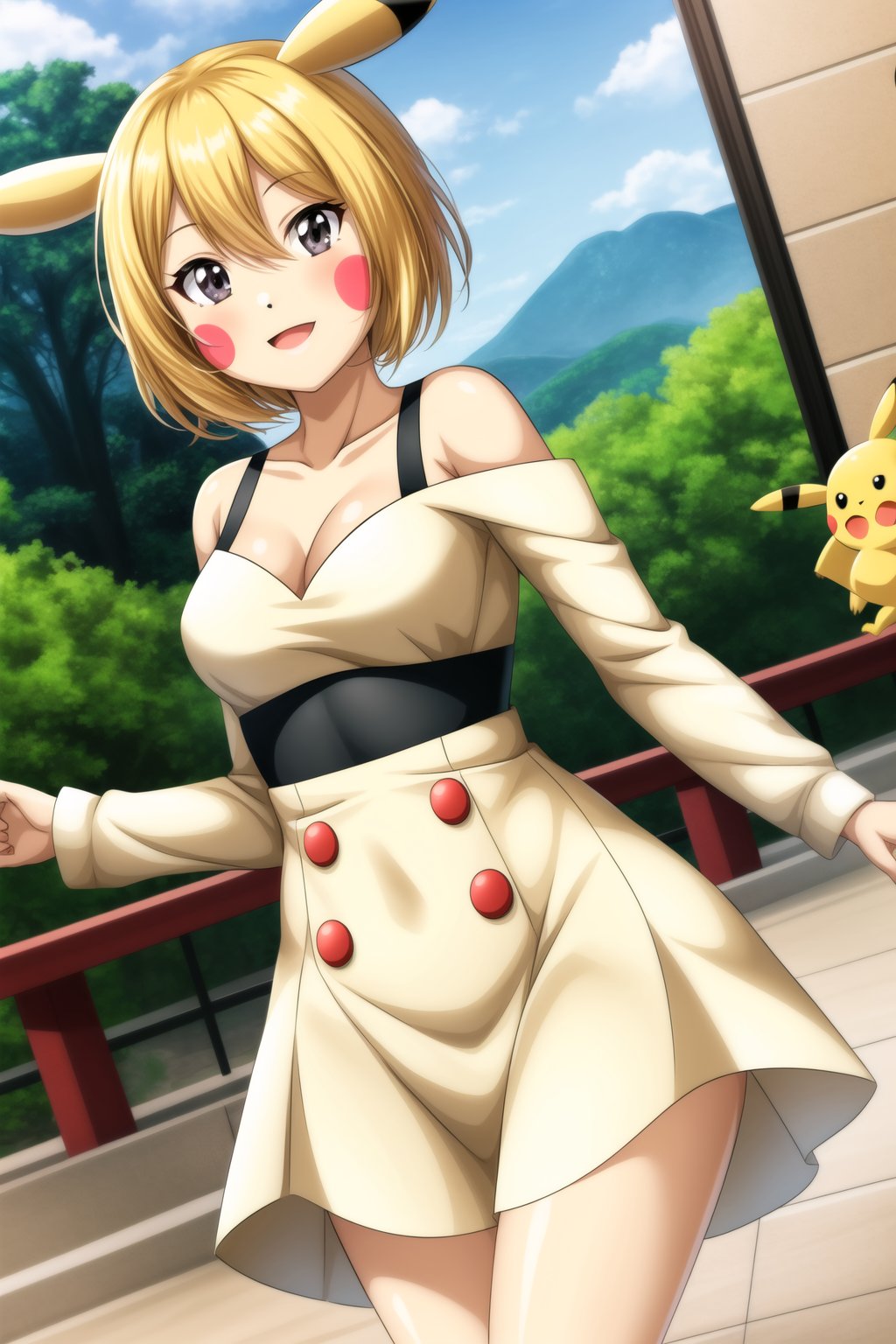 pikachup, 1girl, solo, breasts, short hair, blonde hair, smile, medium breasts, dress, day, pokemon (creature), blush stickers, pikachu, personification, long_sleeves, animal ears