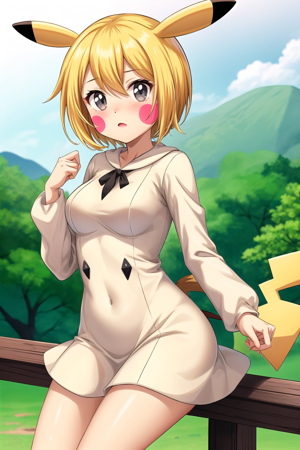 pikachup, 1girl, solo, breasts, short hair, blonde hair, medium breasts, dress, tail, day, pokemon (creature), blush stickers, pikachu, personification, long_sleeves, animal ears