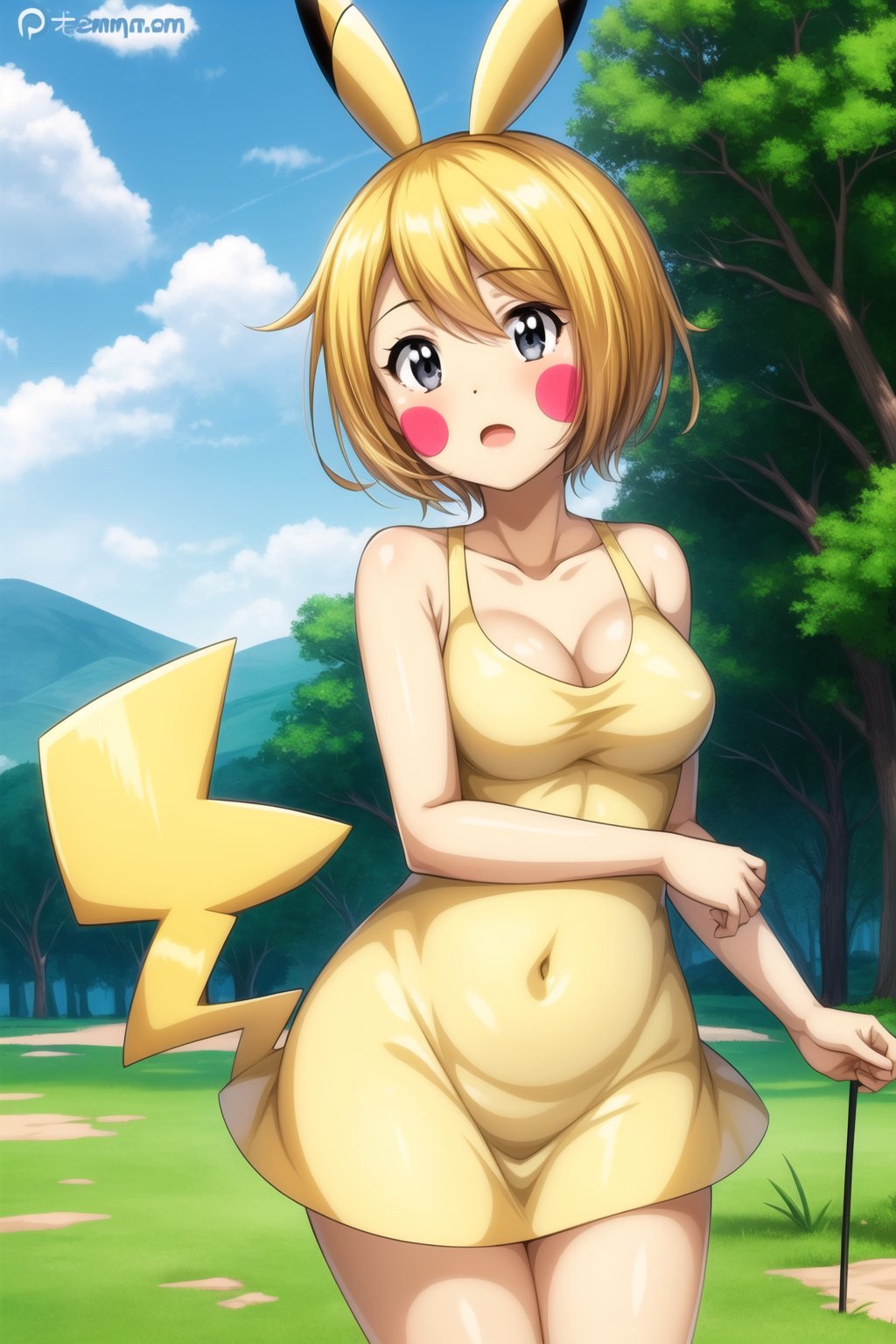 pikachup, 1girl, solo, breasts, short hair, blonde hair, medium breasts, dress, tail, day, pokemon (creature), blush stickers, pikachu, personification