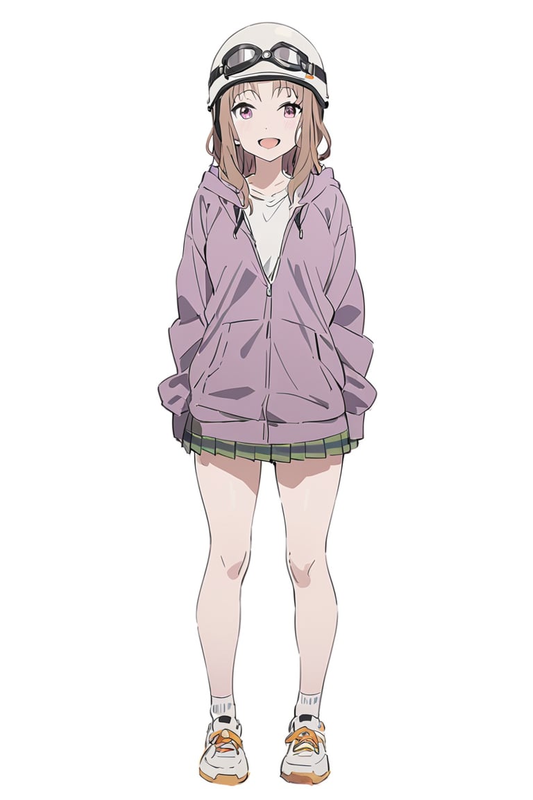 Visual Anime, masterpiece, best quality, @Komiya, Komiya_Ena, 1girl, solo, breasts, 20 y.o, brown hair, smile, open mouth,Pastle Purple Jaket, hood, Green_Skirt, white background, fullbody, standing, shoes, white sock, clean background, long shoot, white helmet, googles on headware,