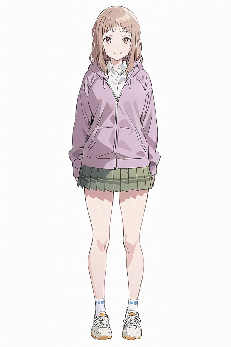 Visual Anime, masterpiece, best quality, @Komiya, Komiya_Ena, 1girl, solo, breasts, 20 y.o, brown hair, smile, closed mouth, white collar shirt, Pastle Purple Jaket, hood, Green_Skirt, white background, fullbody, standing, shoes, white sock, clean background, long shoot,