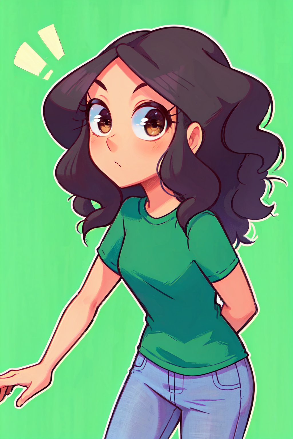 1girl, solo,Elenamics, long hair, brown eyes, black hair, green shirt, short sleeves, jeans