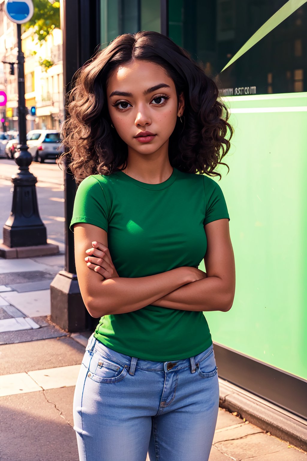 1girl, solo,Elenamics, long hair, brown eyes, black hair,green shirt, short sleeves, jeans,(looking at viewer, dark skin,crossing arms)