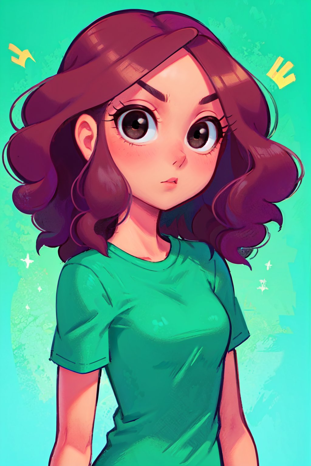 1girl, solo,Elenamics, long hair, black eyes, brown hair, green shirt, short sleeves, jenas