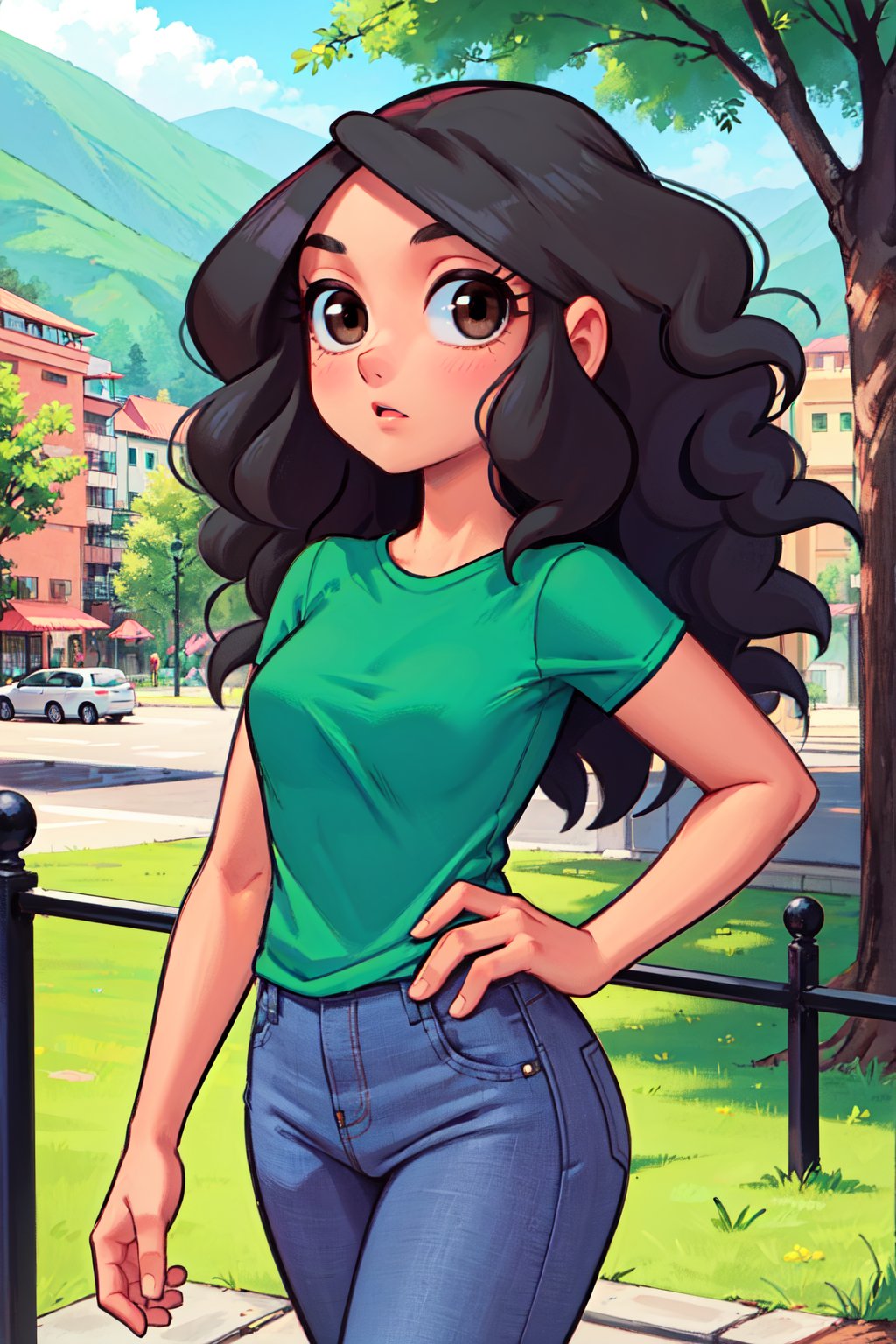 1girl, solo,Elenamics, long hair, brown eyes, black hair, green shirt, short sleeves, jeans