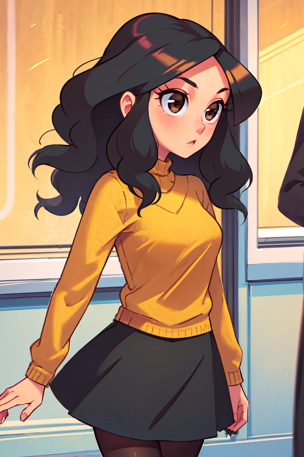 1girl, solo,Elenamics, long hair, brown eyes, black hair,yellow wool sweater, black skirt, black pantyhose