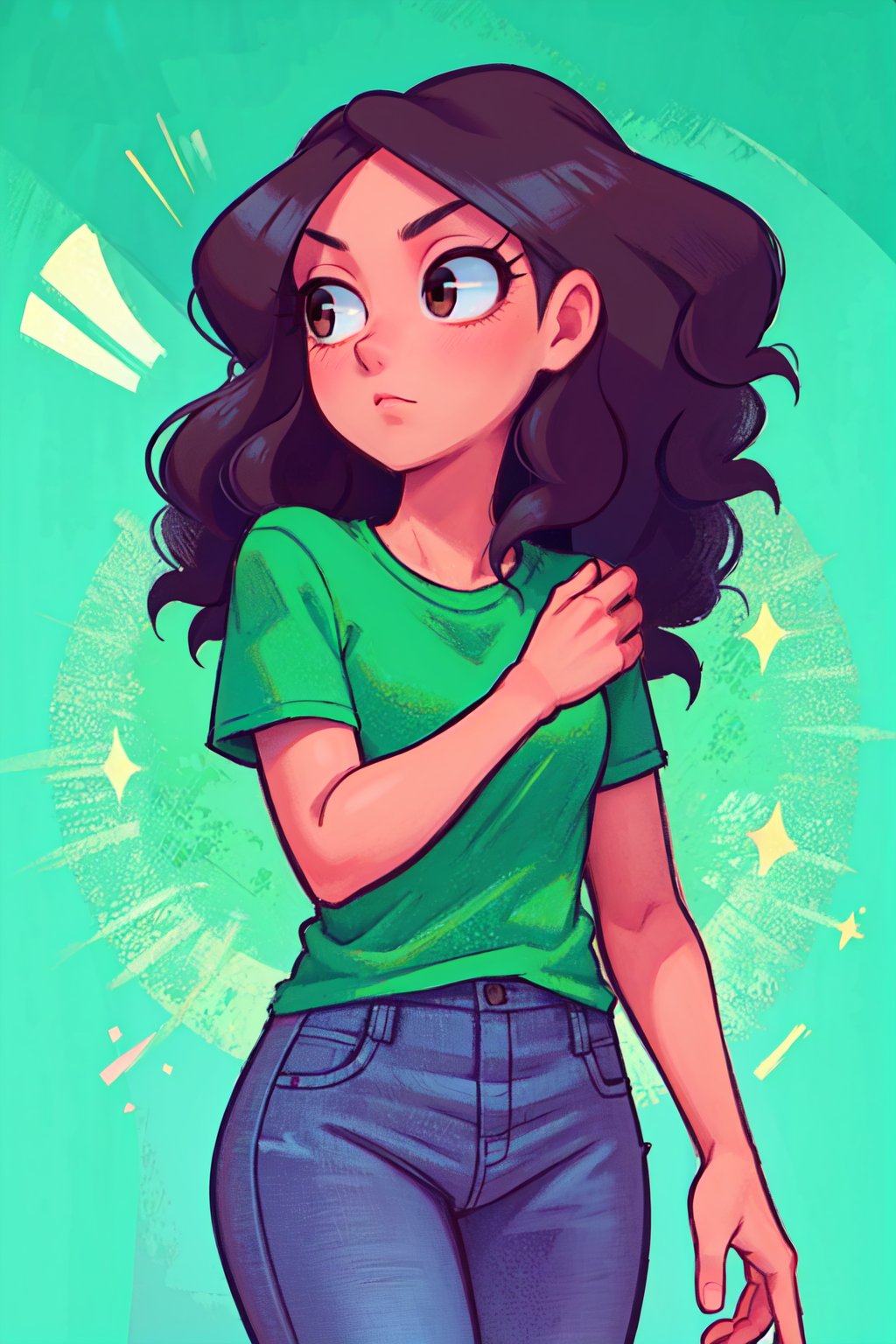 1girl, solo,Elenamics, long hair, brown eyes, black hair, green shirt, short sleeves, jeans