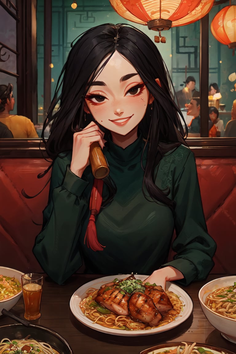 Mulan, long black hair, black eyes, long sleeves, dress, black eyes, green shirt looking at viewer, smiling, sitting inside a cozy restaurant, table full of food, noodles, rice, grilled chicken, playful ambiance, high quality, masterpiece,