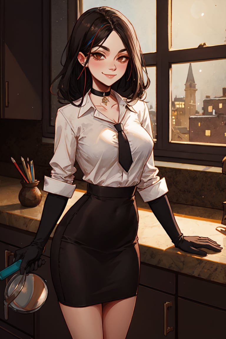 xyzantonia, black hair, streaks of white hair, mature milf, brown eyes, tie, choker, white shirt, long sleeves, pencil skirt, gloves, looking at viewer, serious, smiling, standing, medium shot, inside kitchen, leaning on counter, window, night, soft lighting, high quality, masterpiece,