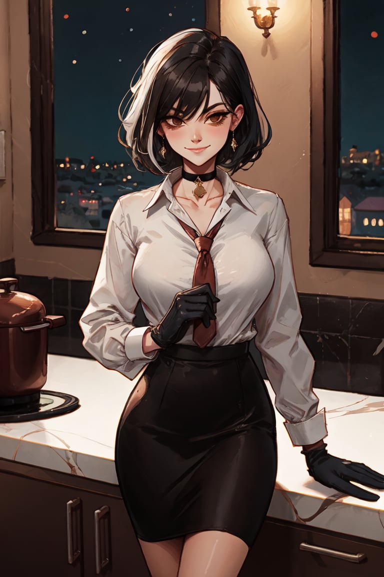 xyzantonia, black hair, streaks of white hair, mature milf, brown eyes, tie, choker, white shirt, long sleeves, pencil skirt, gloves, looking at viewer, serious, smiling, standing, medium shot, inside kitchen, leaning on counter, window, night, soft lighting, high quality, masterpiece,