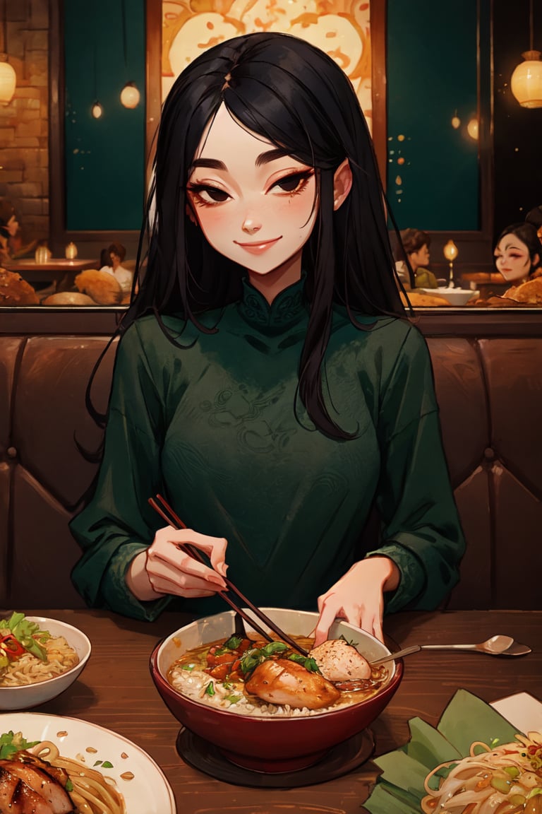 Mulan, long black hair, black eyes, long sleeves, dress, black eyes, green shirt looking at viewer, smiling, sitting inside a cozy restaurant, table full of food, noodles, rice, grilled chicken, playful ambiance, high quality, masterpiece,