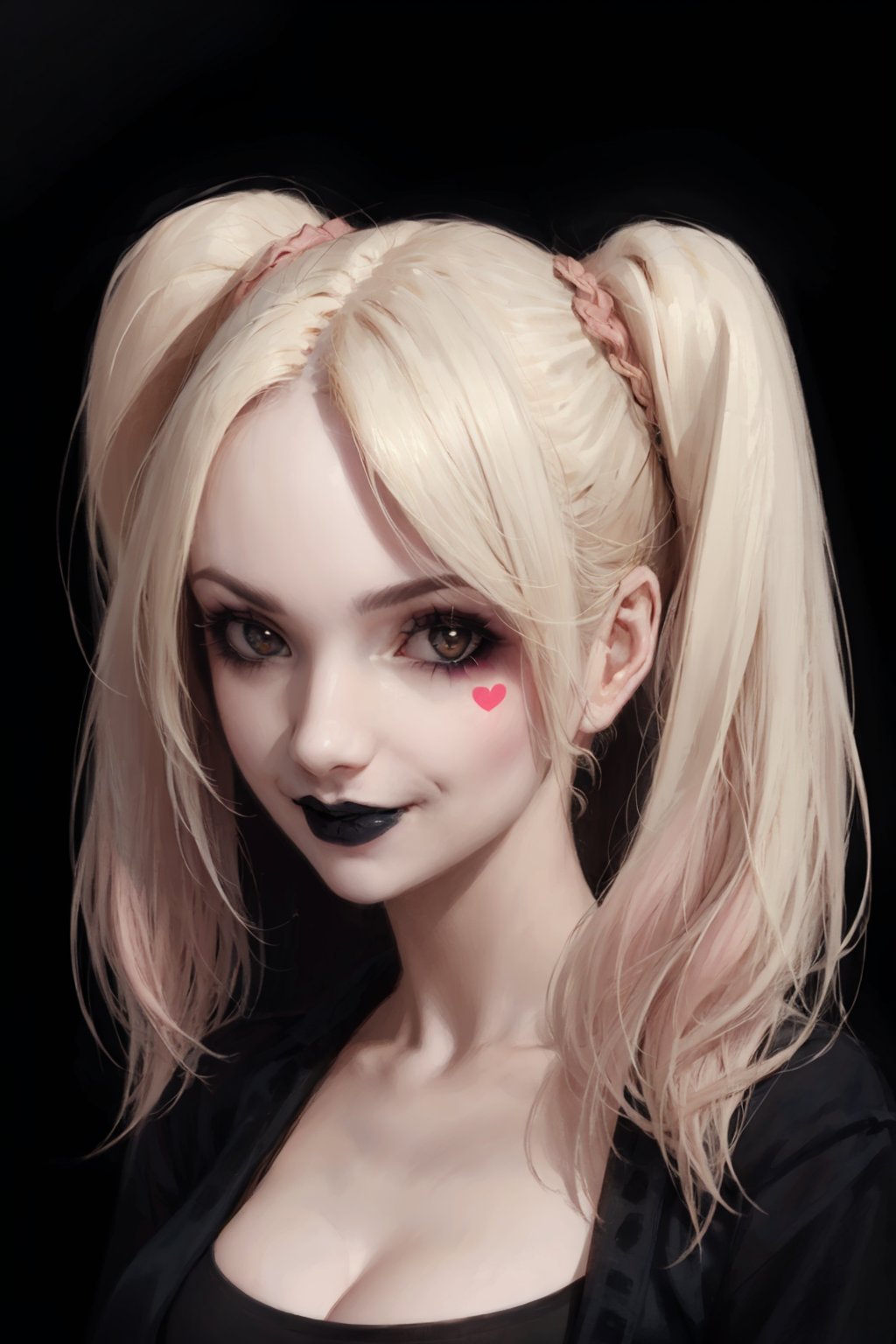 Lius_Lasahido_style_lora_by_niolas,  1girl,  solo,  long hair,  looking at viewer,  smile,  blonde hair,  cleavage,  twintails,  medium breasts,  closed mouth,  upper body,  pink hair,  heart,  black shirt,  makeup,  lipstick,<lora:EMS-292068-EMS:0.500000>