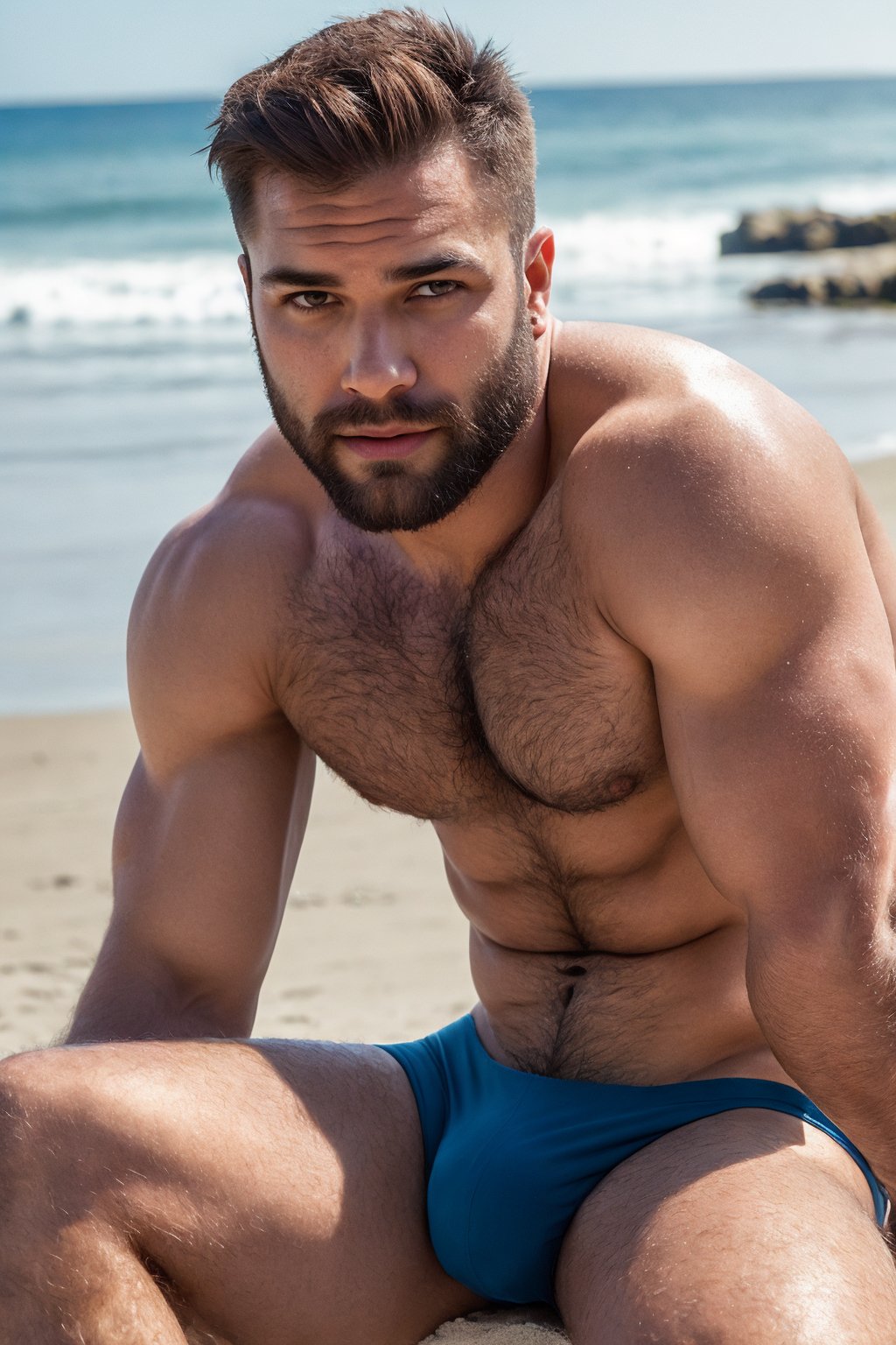 full body,  a 25 y.o manly handsome superstar,  tank skin,  brown and expressive eyes,  muscular,  (beard:0.5),  (hairy),  sitting on the beach,  (seductive gesture),  wear swim briefs,  free spirit,  passion,  round shot,  bloom,  ray tracing,  detailed shadows,  freedom,  film photography,  film grain,  glare,  (wind: 0.8),  film lighting