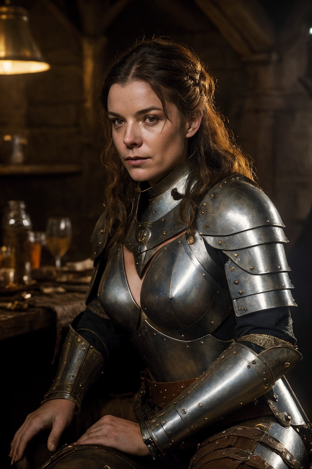 full body,  visually stunning,  award-winning art,  a tired beautiful medievalpunk female soldier in a worn leather armor sits and rests after a difficult fight in tavern,  trending on artstation,  sharp focus,  studio photo,  by greg rutkowski,  by julie bell,  frank frazetta,  cinematic lighting,  film photography,  gilm grain,  flare,  gilm lighting