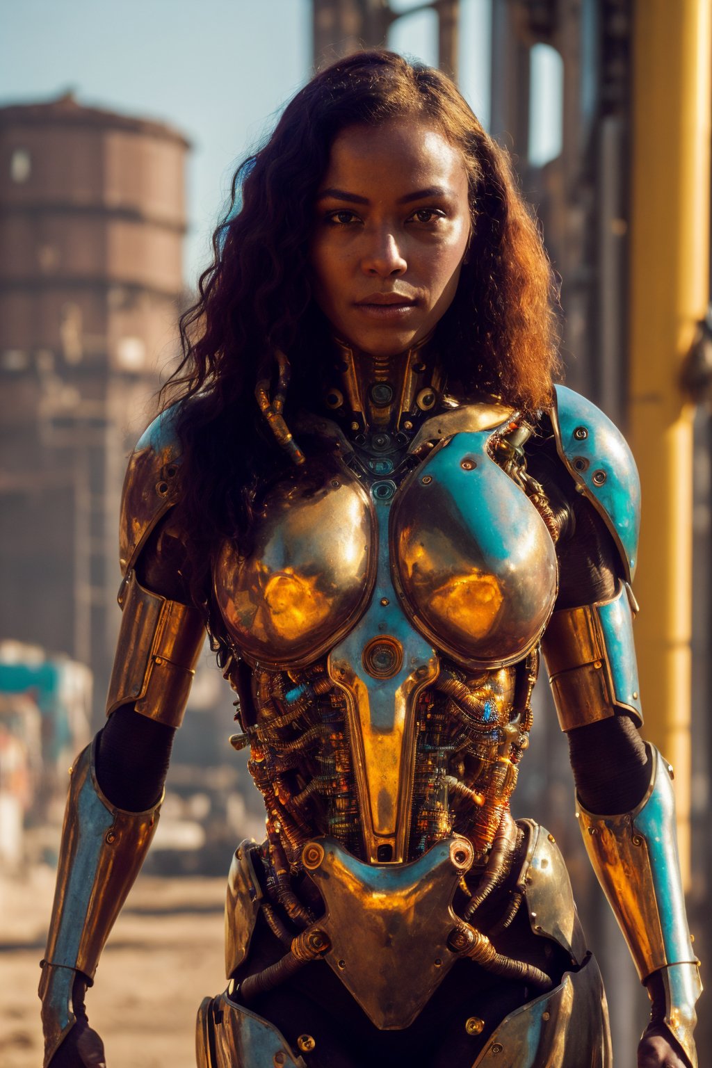 full body,  stunning beauty,  perfect face,  epic love,  slave to the machine,  vibrant colors,  body metal,  wires,  biopunk,  dystopia,  golden light,  perfect composition,  film photography,  film grain,  glare,  film lighting