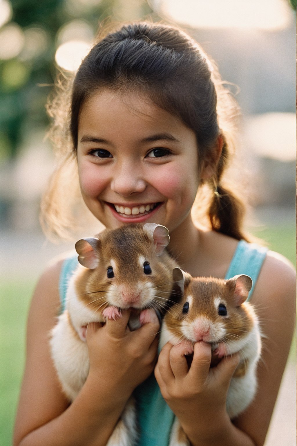 medium shot,  a cute happy 16 girl holding up two cute hamsters while laughing,  dual wielding hamsters,  film photography,  film grain,  glare,  film lighting