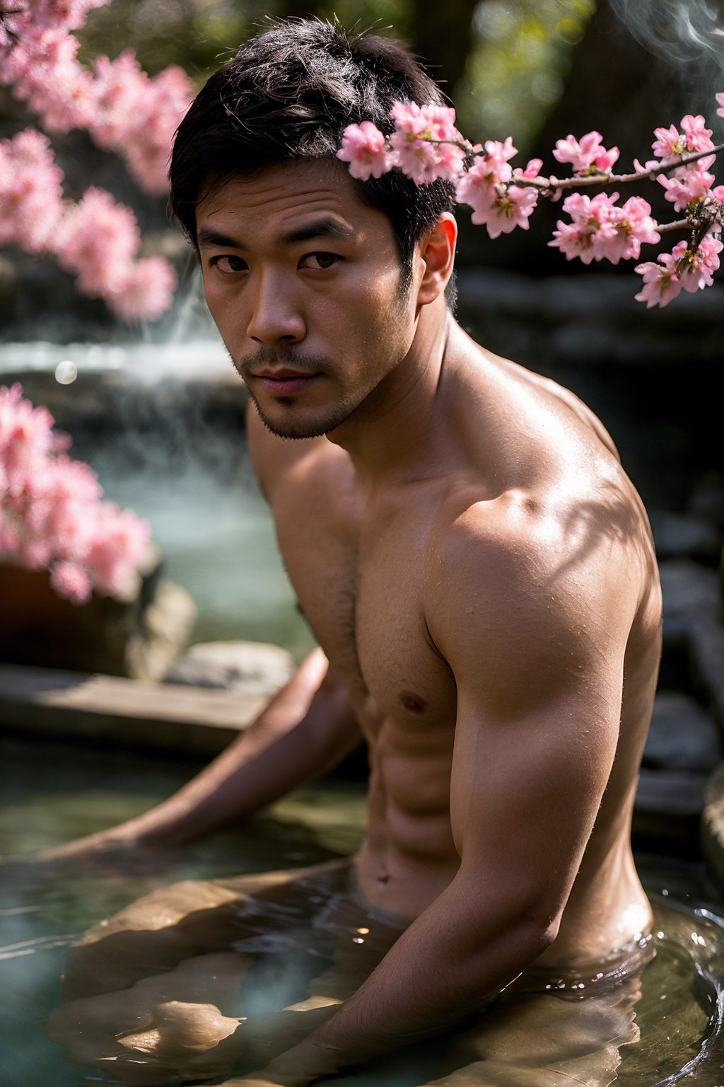 (full body),  a 30 y.o Japanese man,  (handsome,  manly),  normal body and slightly muscular,  hairy,  light brown skin,  black short hair,  dark brown eyes,  (look at viewer),  nude,  ((sitting in a traditional Japanese open-air hot spring)),  ((steaming hot)),  ceautiful cherry blossoms blooming on the treetops,  dof,  natural side lighting,  film photography,  film grain,  glare,  film lighting