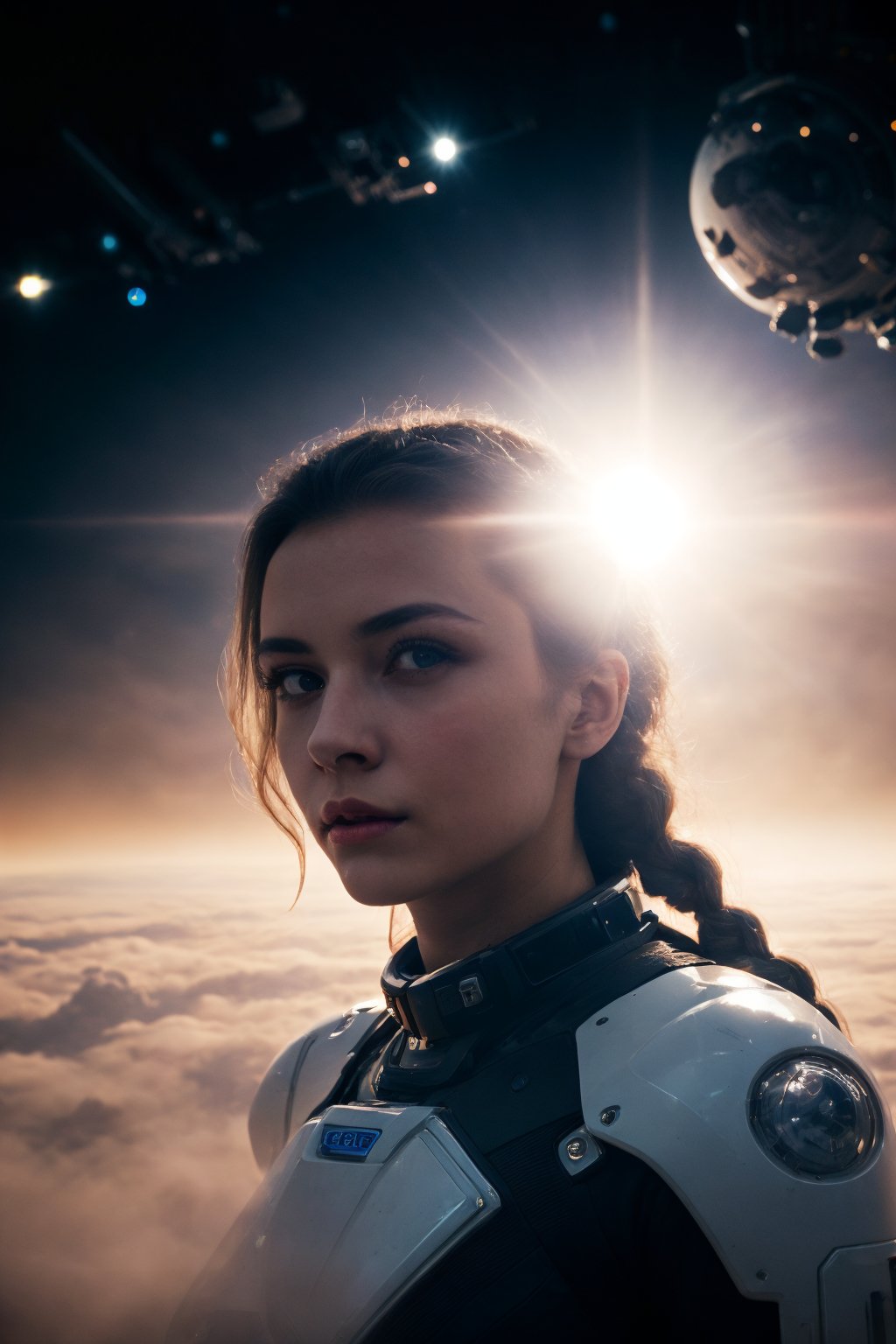 upper body,  viewed from below,  an android woman on the moon,  expressive eyes,  braided hairstyle,  clear focus,  volumetric fog,  in (a huge metropolis in a future dystopia),  translucent,  (space background,  Earth in the background),  natural side lighting,  film photography,  film grain,  glare,  film lighting