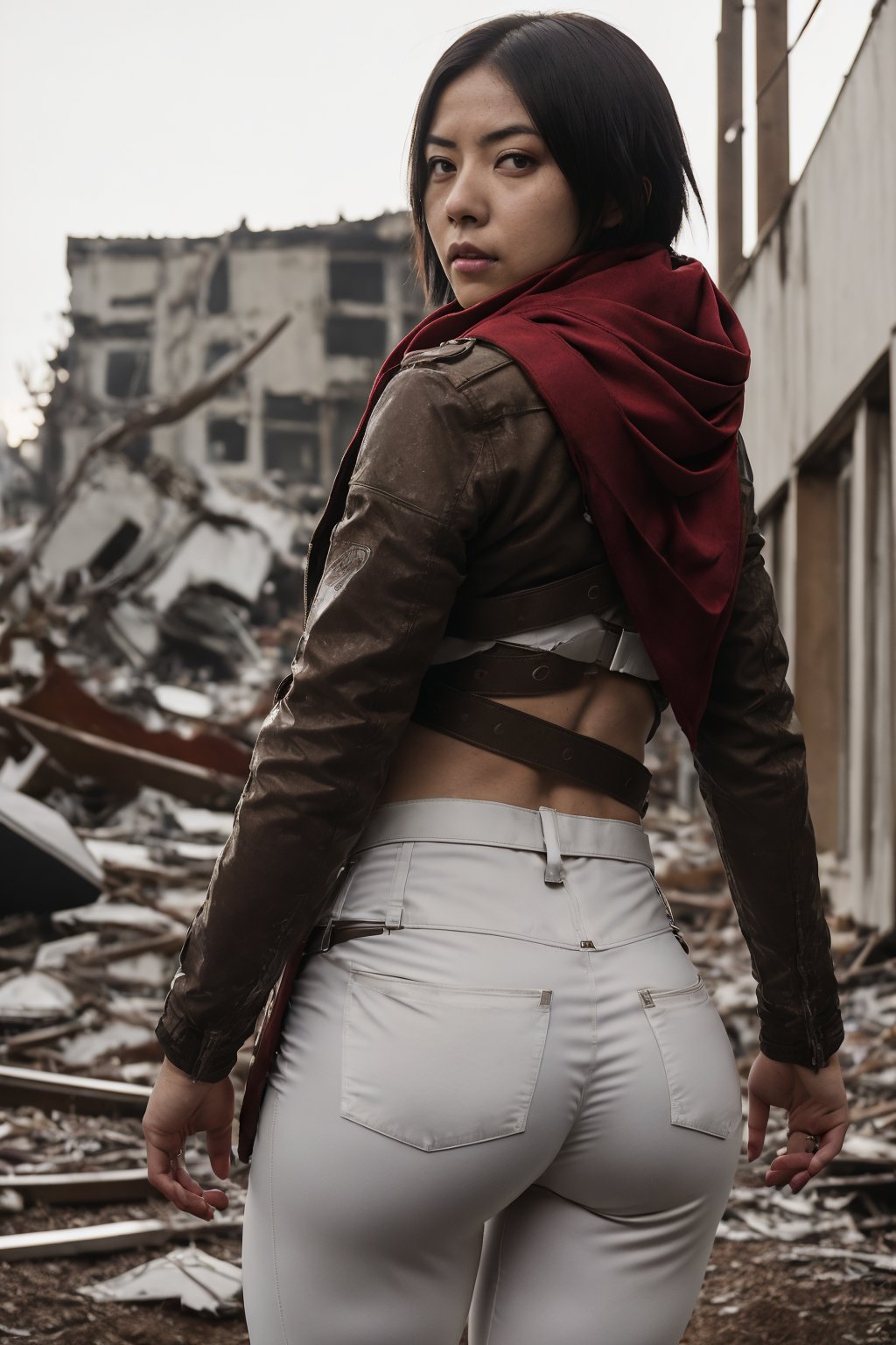 full body,  looking back,  1girl,  (Mikasa Ackerman) with a (brown crop closed jacket),  pretty,  ((white pants)),  (red scarf),  white crop top underneath,  (abs),  (thigh straps),  (attack on Titan gear),  emblem,  (wide hips:1.4),  thin waist,  big ass,  sexy ass,  in ((destroyed)) town,  natural side lighting,  film photography,  film grain,  glare,  film lighting