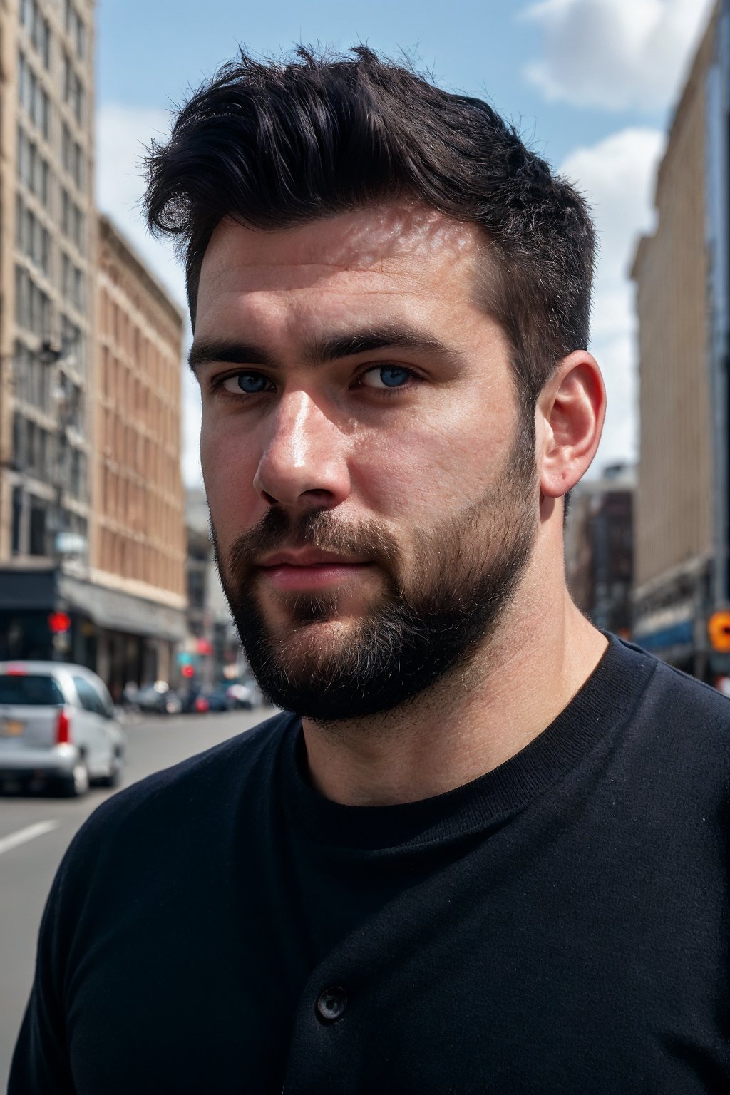 (medium shot),  a 30 y.o handsome man posing for a photo in the middle of a city street,  black hair,  detailed dark blue eyes,  resolute,  short beard,  city,  centered,  facing viewers,  day time,  blue sky,  clouds,  natural side lighting,  film photography,  film grain,  glare,  film lighting