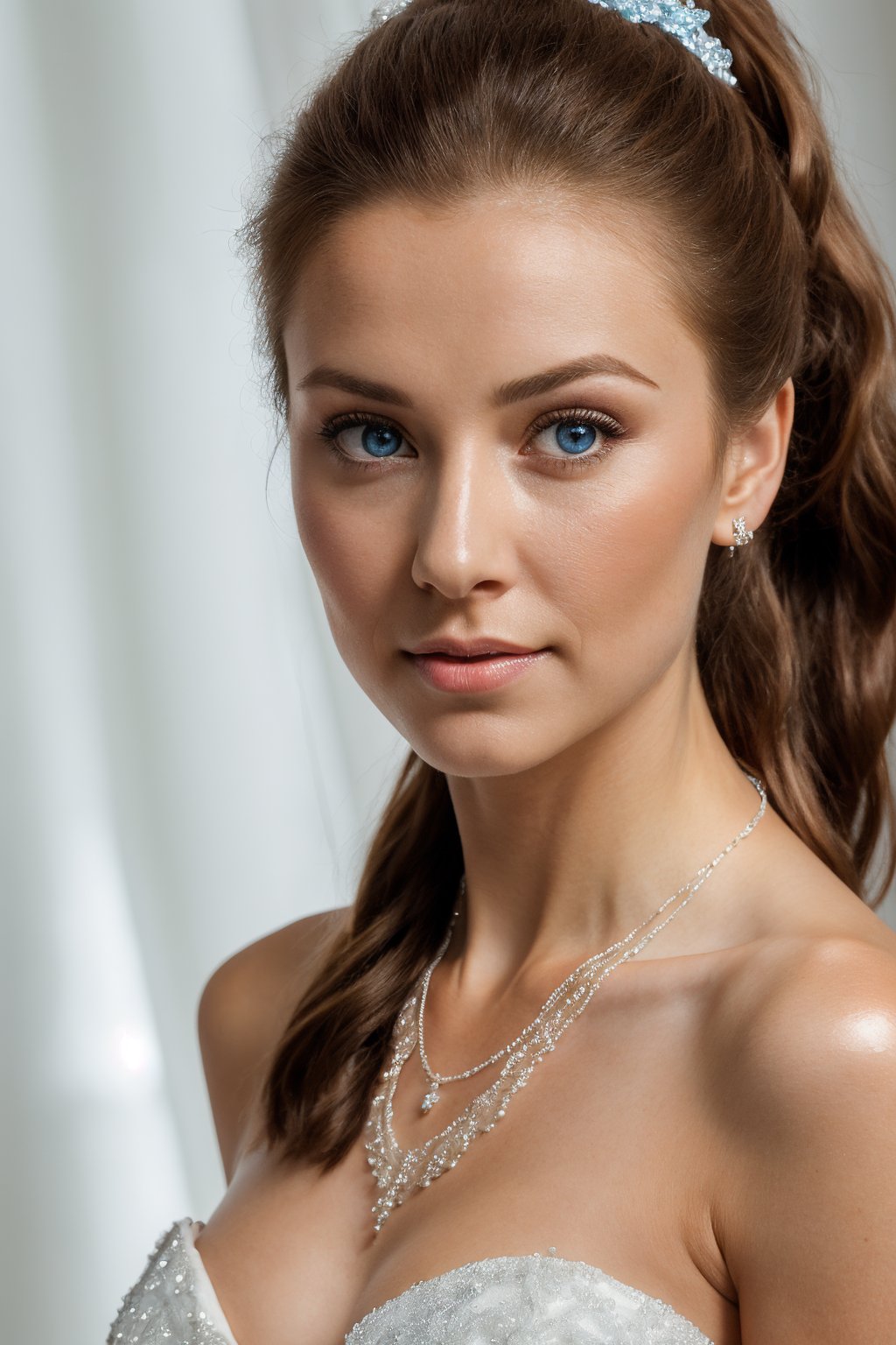 young wife,  spectacular tight body,  brown hair with ponytail,  wear white gorgeous wedding dress,  necklace,  hair accessories,  rim lighting,  studio lighting,  looking at the camera,  sharp focus,  highly detailed glossy blue eyes