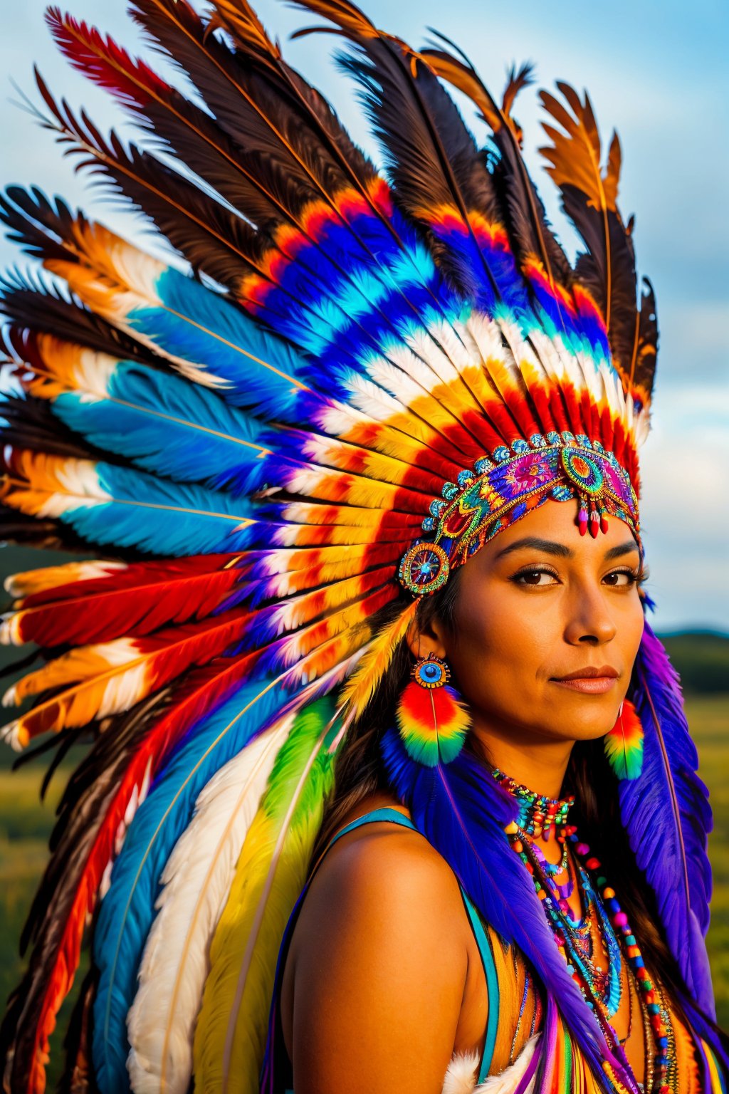 a beautiful native american woman with a colorful feathered huge headdress on her head and a colorful feathered big tail,  large fluffy feathers,  multicolor,  rainbow color,  intricate detailed