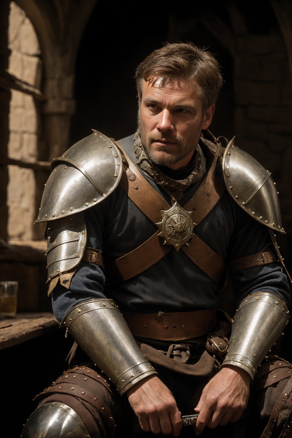 full body,  visually stunning,  award-winning art,  a tired beautiful medievalpunk male soldier in a worn leather armor sits and rests after a difficult fight in tavern,  trending on artstation,  sharp focus,  studio photo,  by greg rutkowski,  by julie bell,  frank frazetta,  cinematic lighting,  film photography,  gilm grain,  flare,  gilm lighting