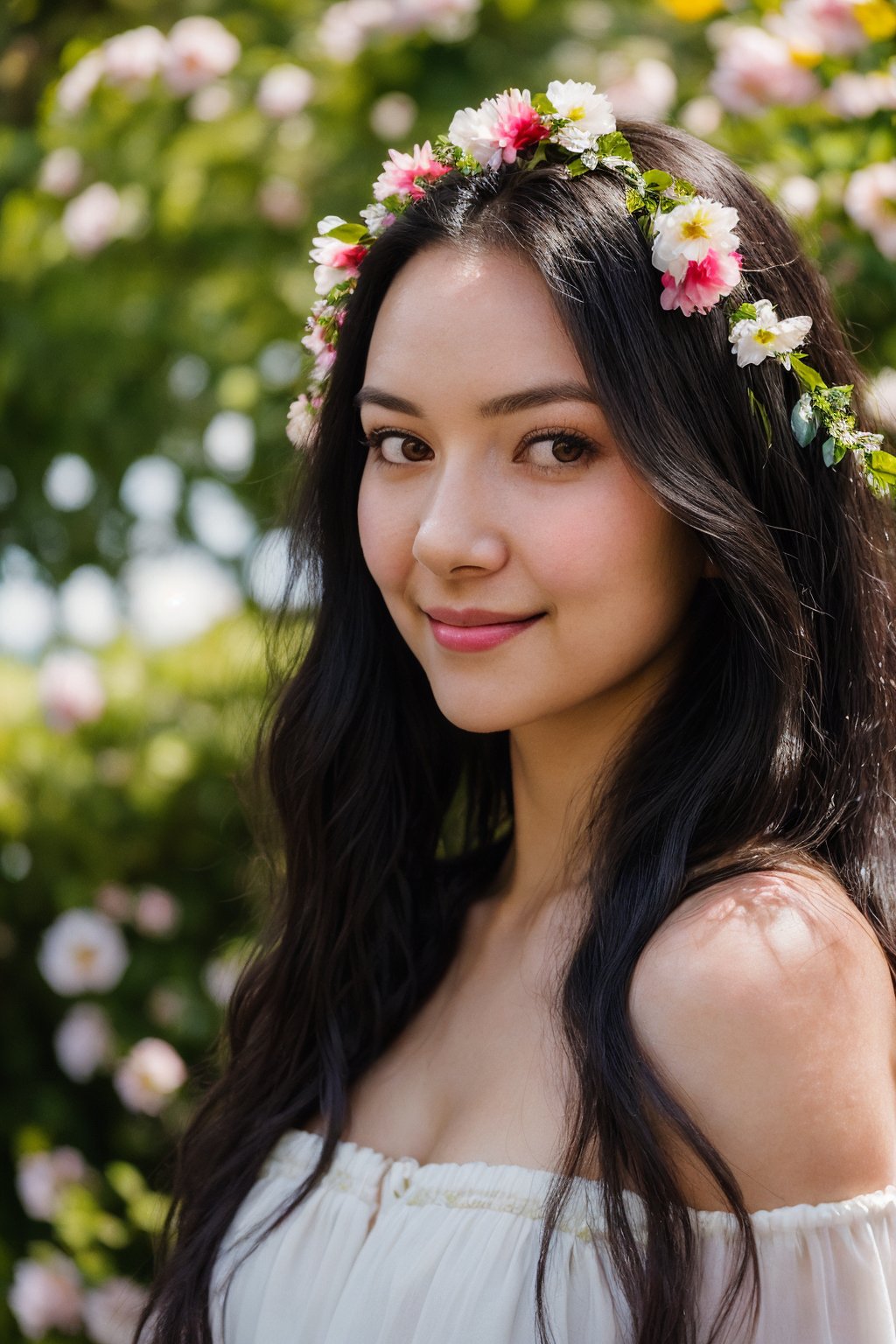 (medium shot),  a 25 y.o pretty woman with long flowy black hair over off shoulders,  wreath,  brown eyes,  pale soft skin,  kind smile,  glossy lips,  details of colorful flowers,  natural side lighting,  film photography,  film grain,  glare,  film lighting