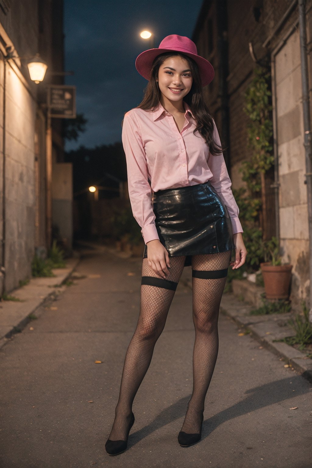 extremely detailed gorgeous,  smiling photo of a 20 y.o girl dressed in a magenta unbuttoned shirt,  a short skirt,  black fishnet stockings,  woven slides and a straw fedora hat. She poses in a nighttime back alley,  the clothes accentuate her figure.